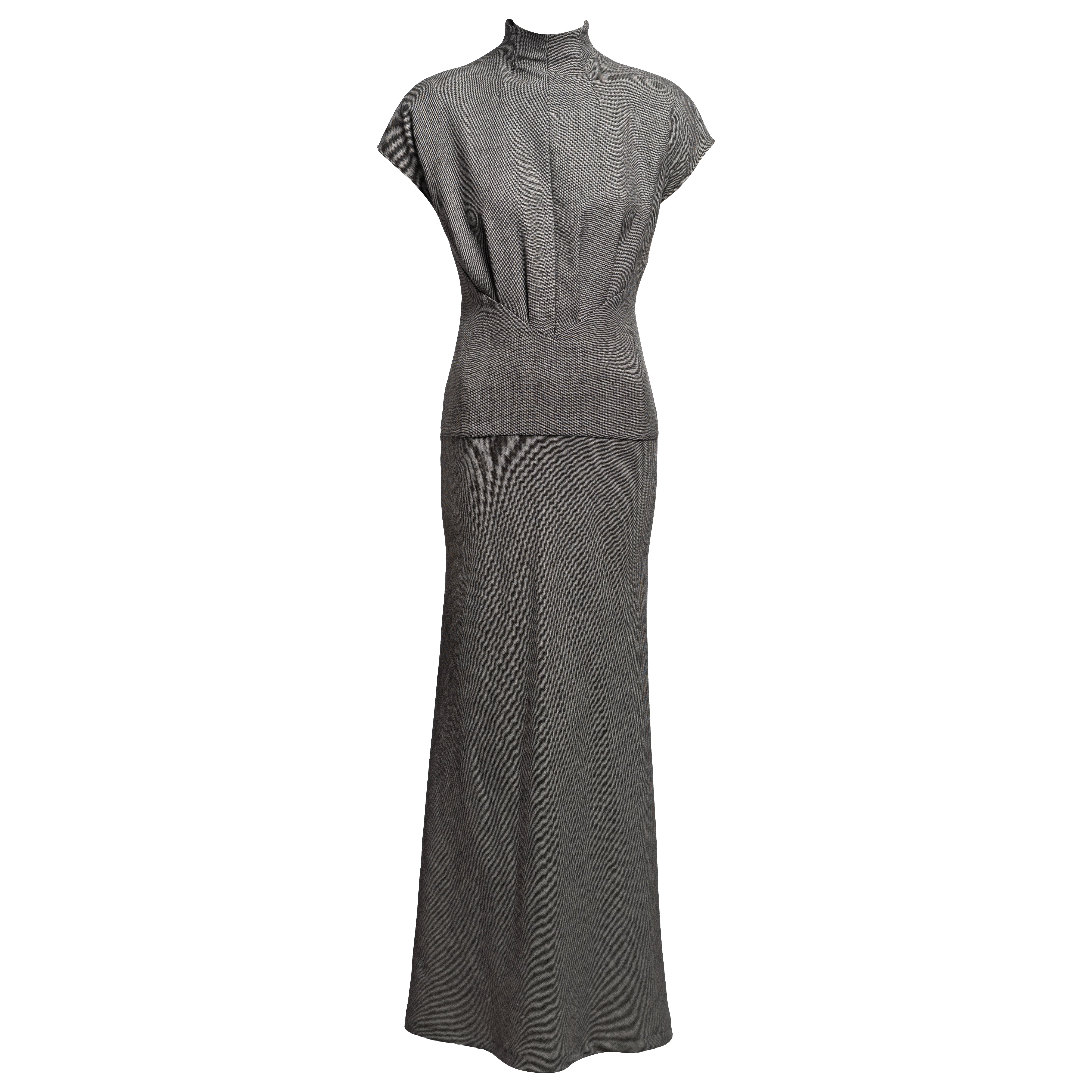 Robe longue en laine cintrée grise à boutons Alexander McQueen, automne-hiver 1998