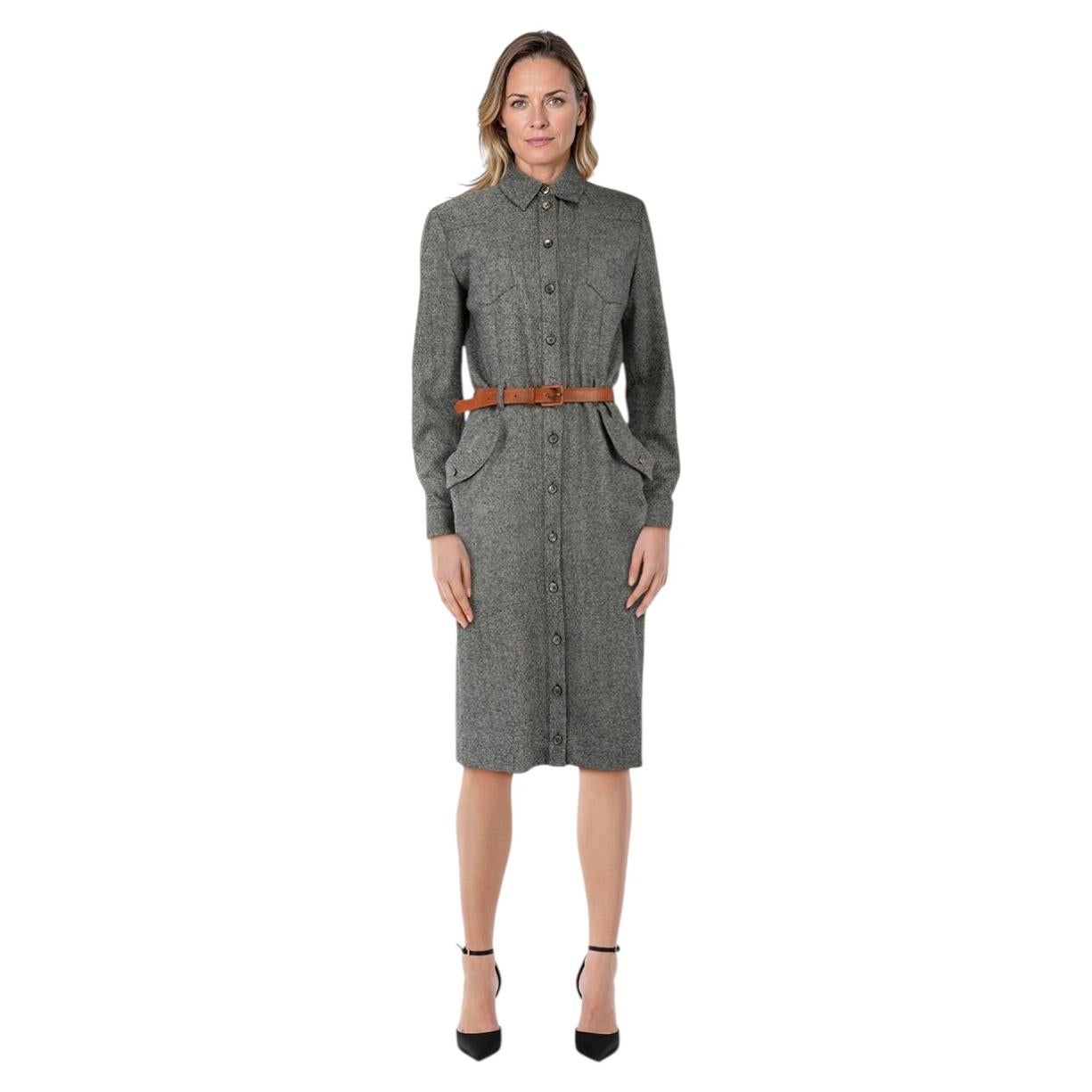 Alexander McQueen Grey Wool Belted Shirt Dress Size L