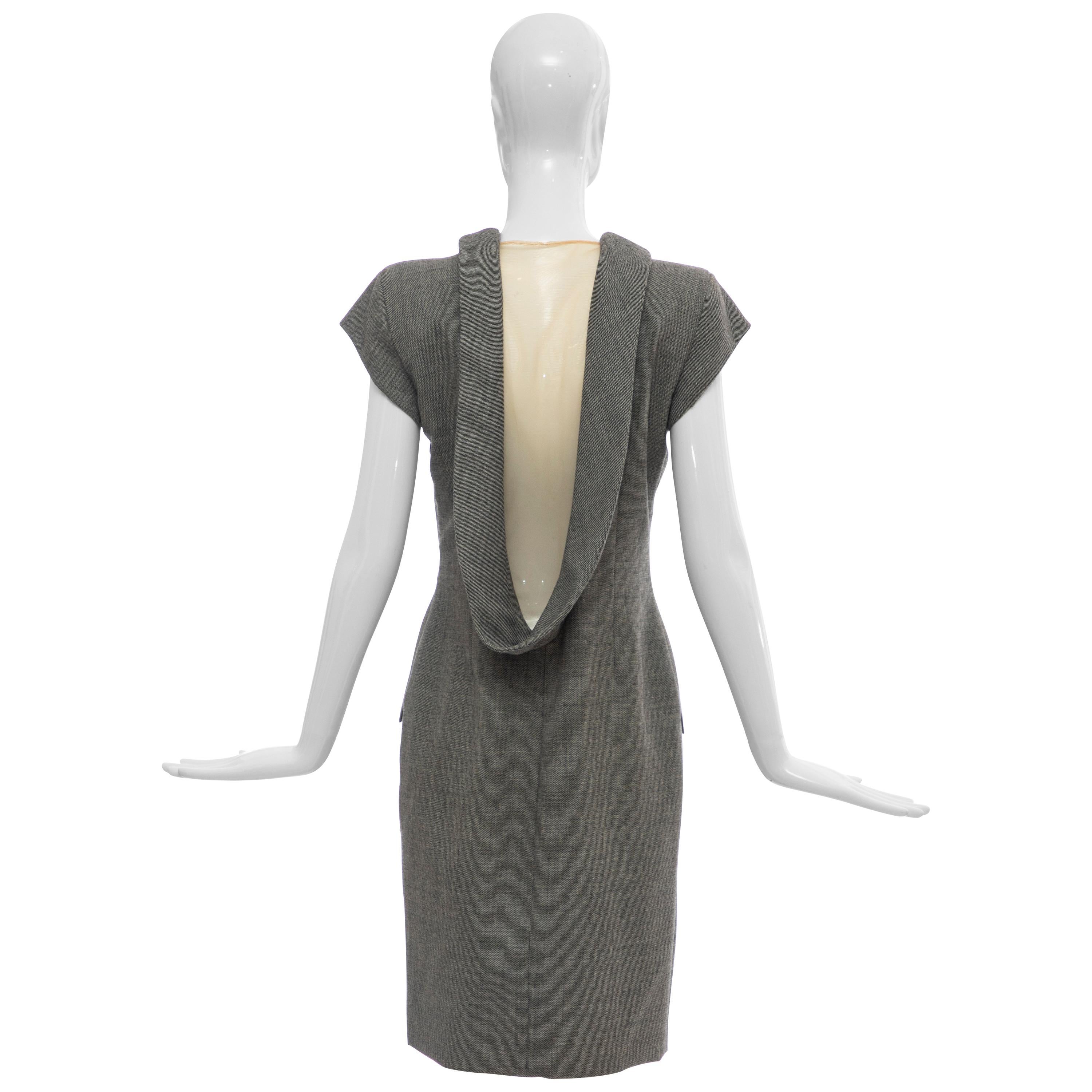 Alexander McQueen Grey Wool Twill Mesh Nylon Dress "Untitled", Spring 1998 For Sale