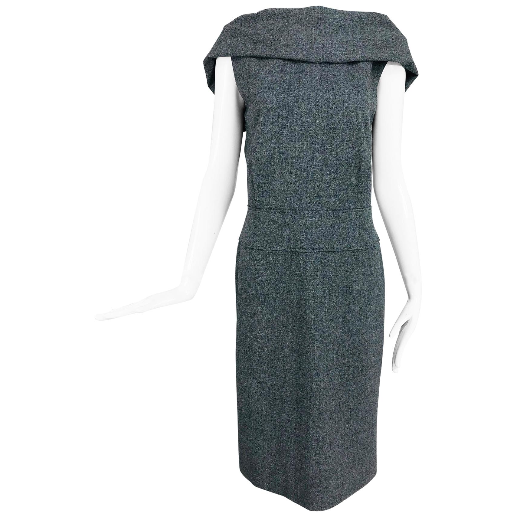 Alexander McQueen Grey Wool V Back Fitted Sheath Dress