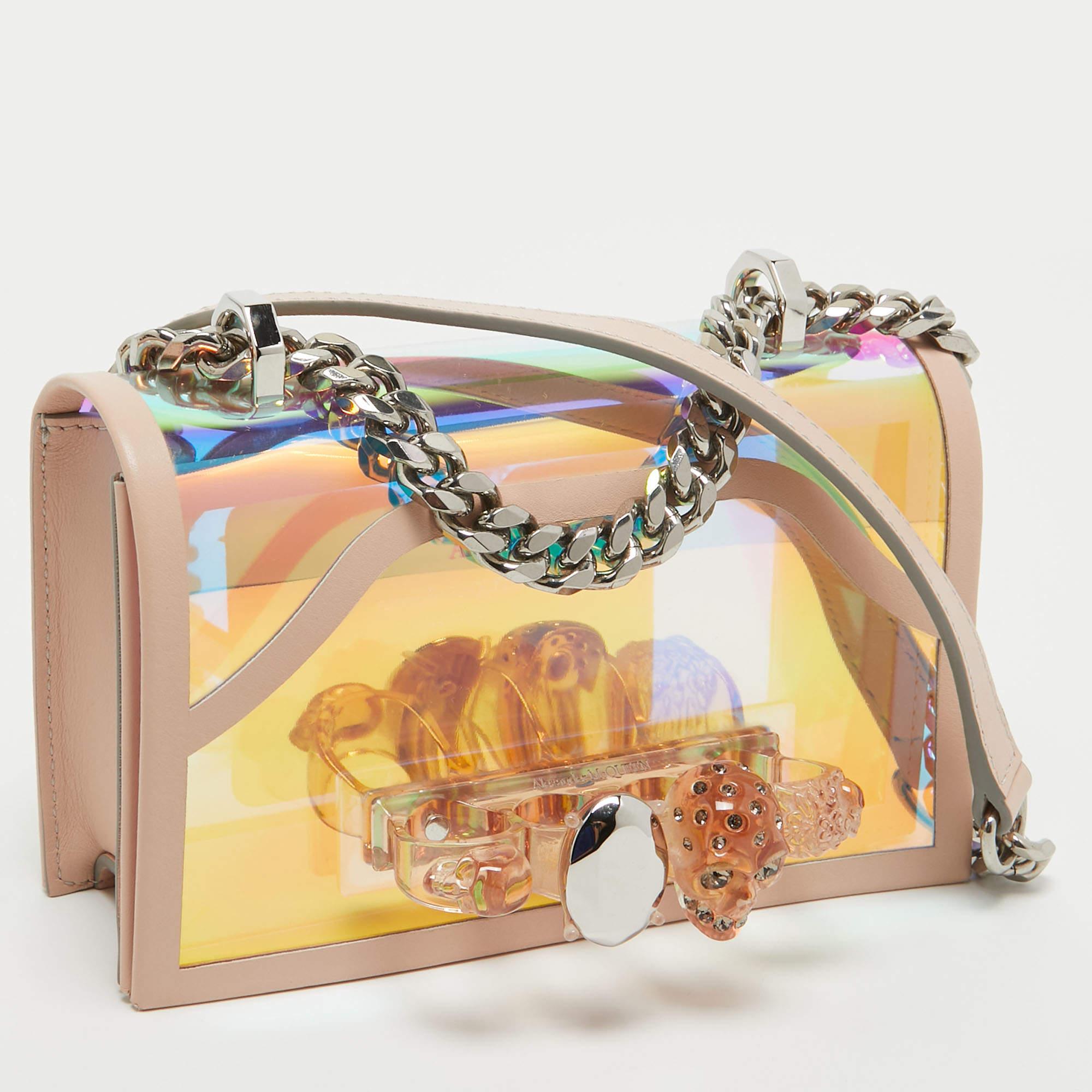 Alexander McQueen Holographic/Pink Pvc and Leather Knuckle Duster Shoulder Bag In Excellent Condition For Sale In Dubai, Al Qouz 2
