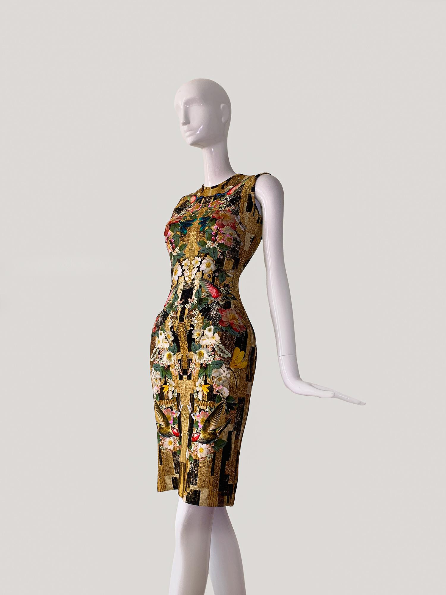 Brown Alexander McQueen Hummingbird Dragonfly Floral Fitted Dress  For Sale