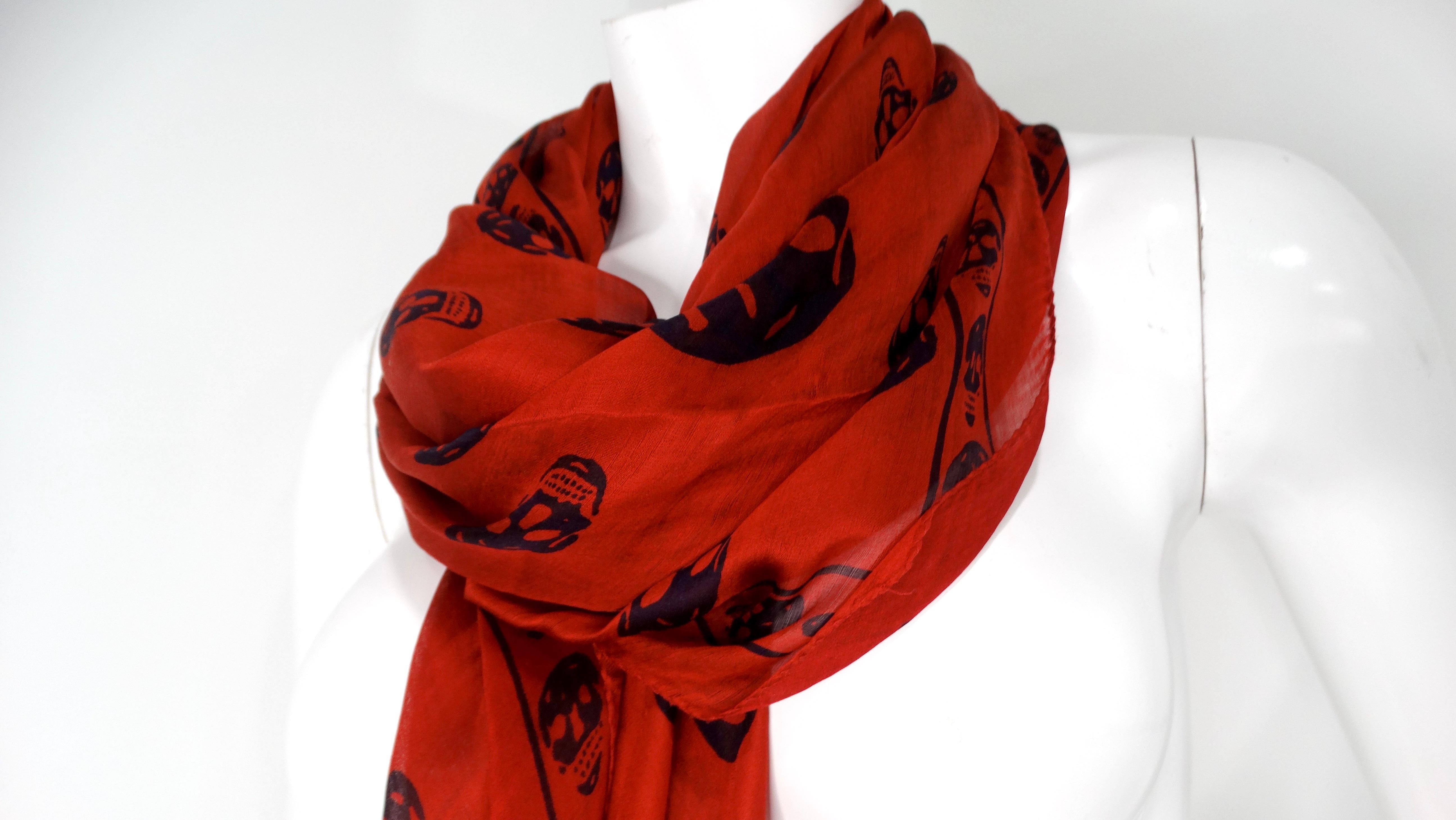 Alexander McQueen Iconic Red Skull Print Silk Scarf In Good Condition For Sale In Scottsdale, AZ