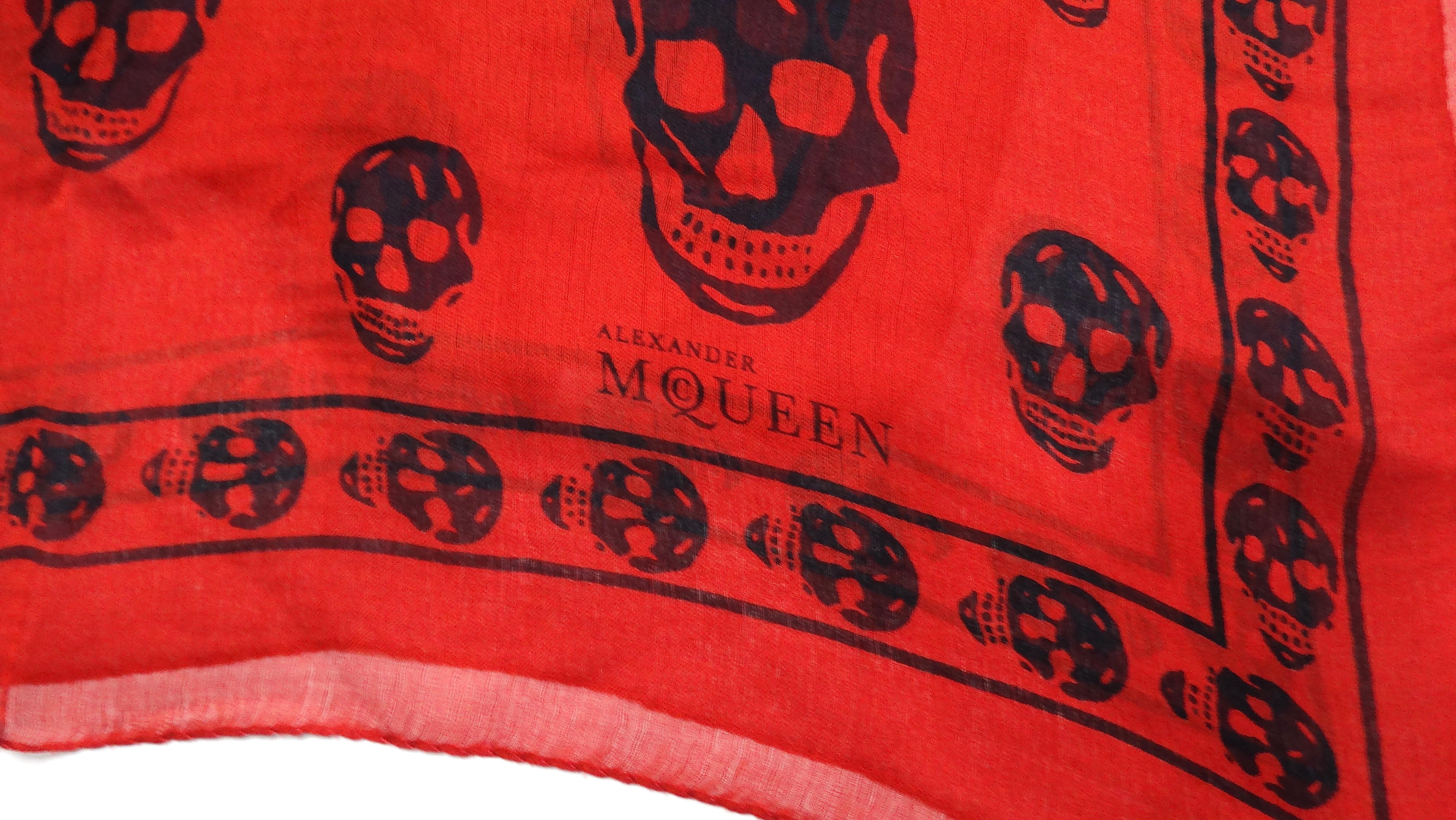 Alexander McQueen Iconic Red Skull Print Silk Scarf For Sale 1