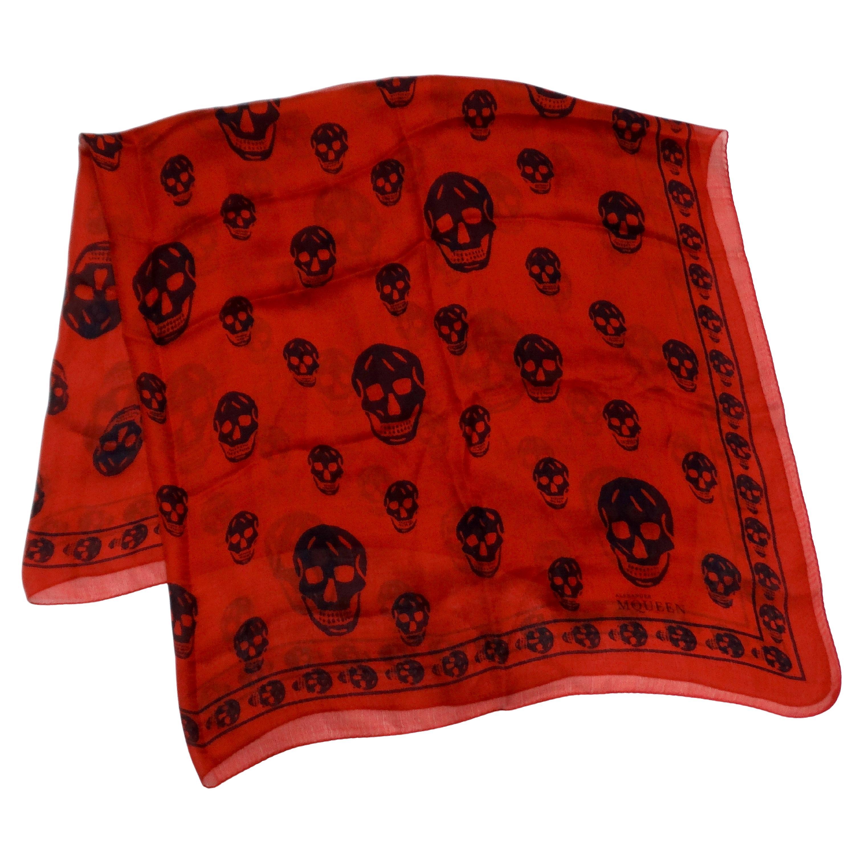 Alexander McQueen Iconic Red Skull Print Silk Scarf For Sale