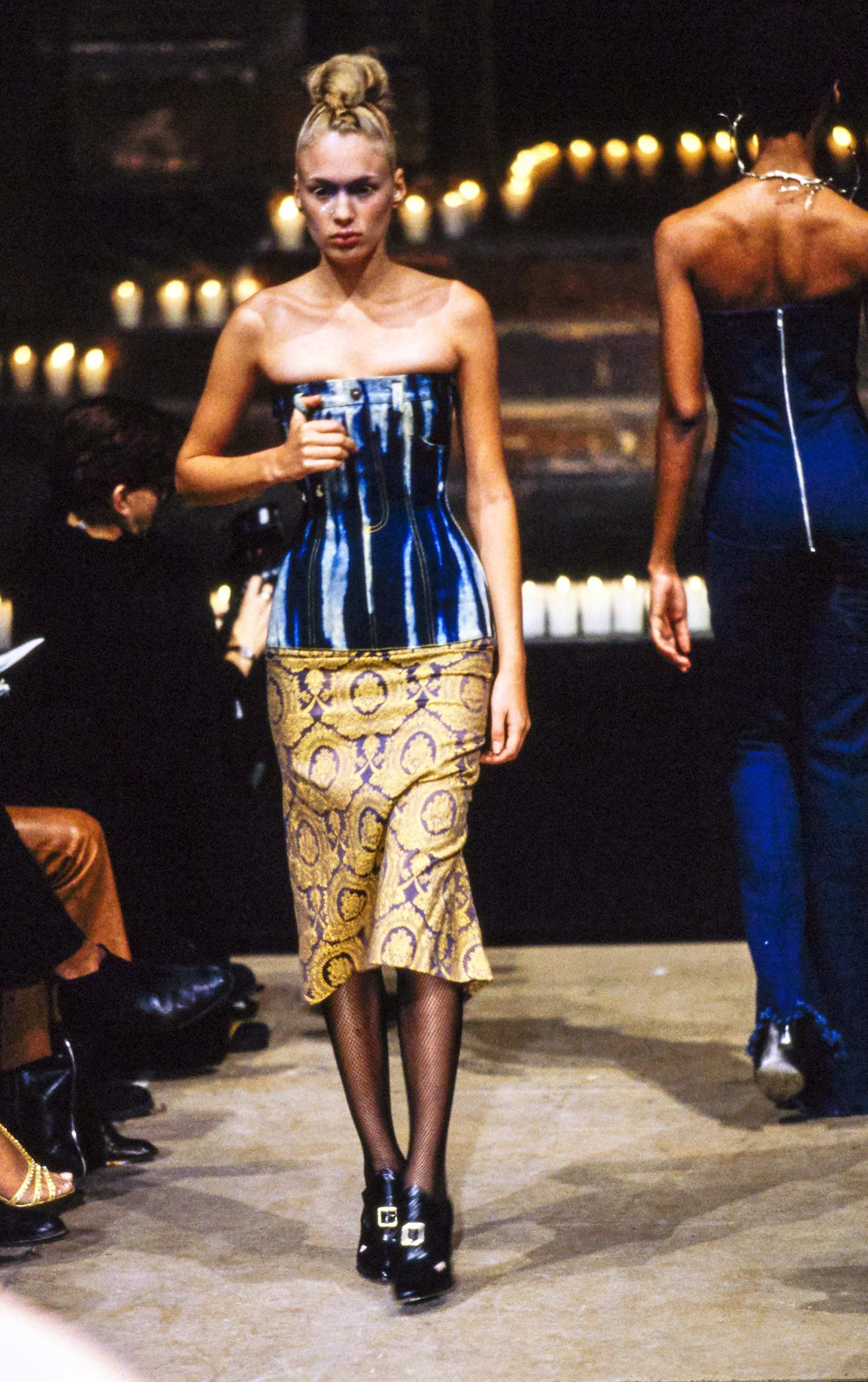 Black Alexander McQueen indigo denim corset and pants set, fw 1996