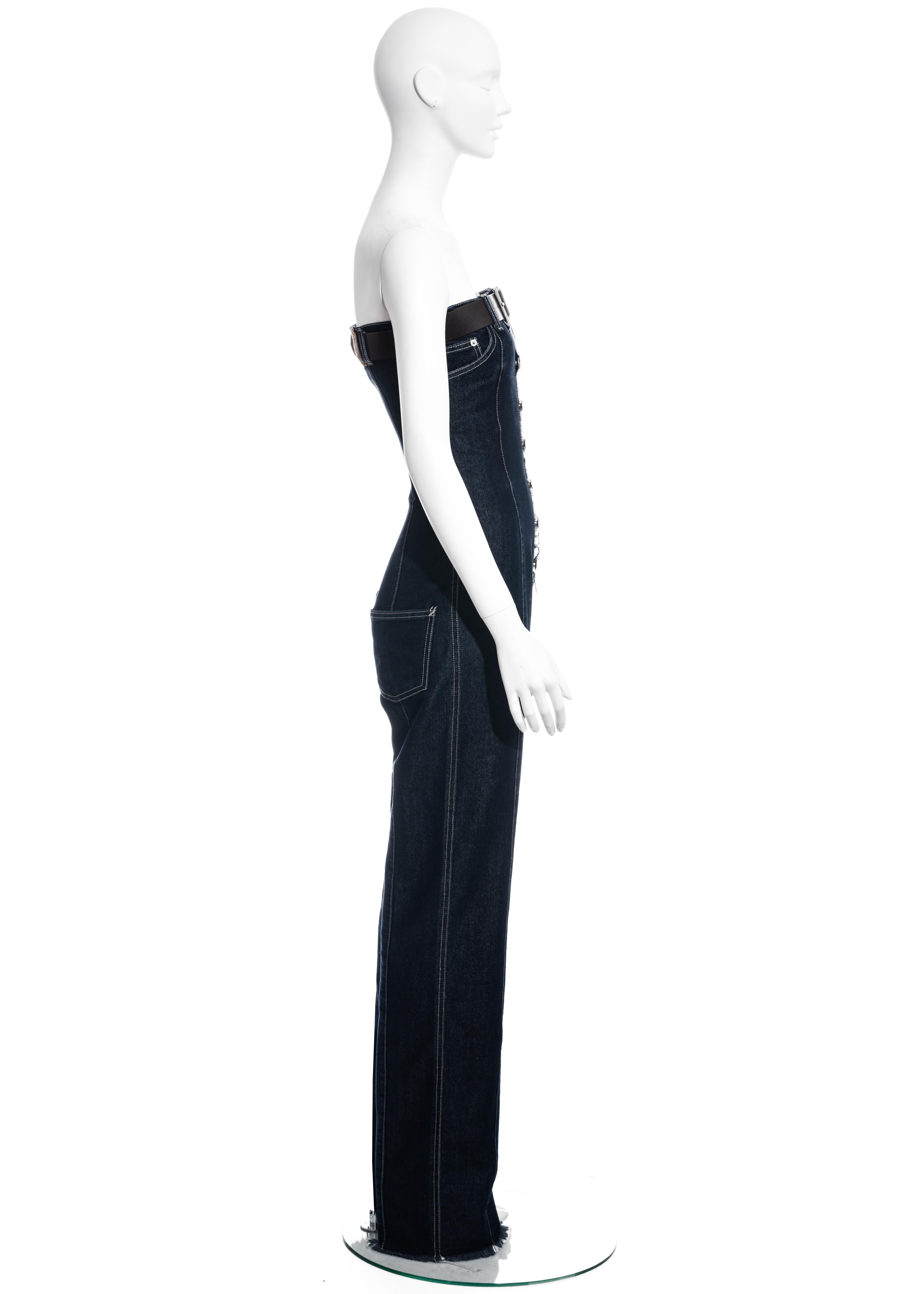 Black Alexander McQueen indigo denim corseted jumpsuit and leather belt, fw 1996 For Sale