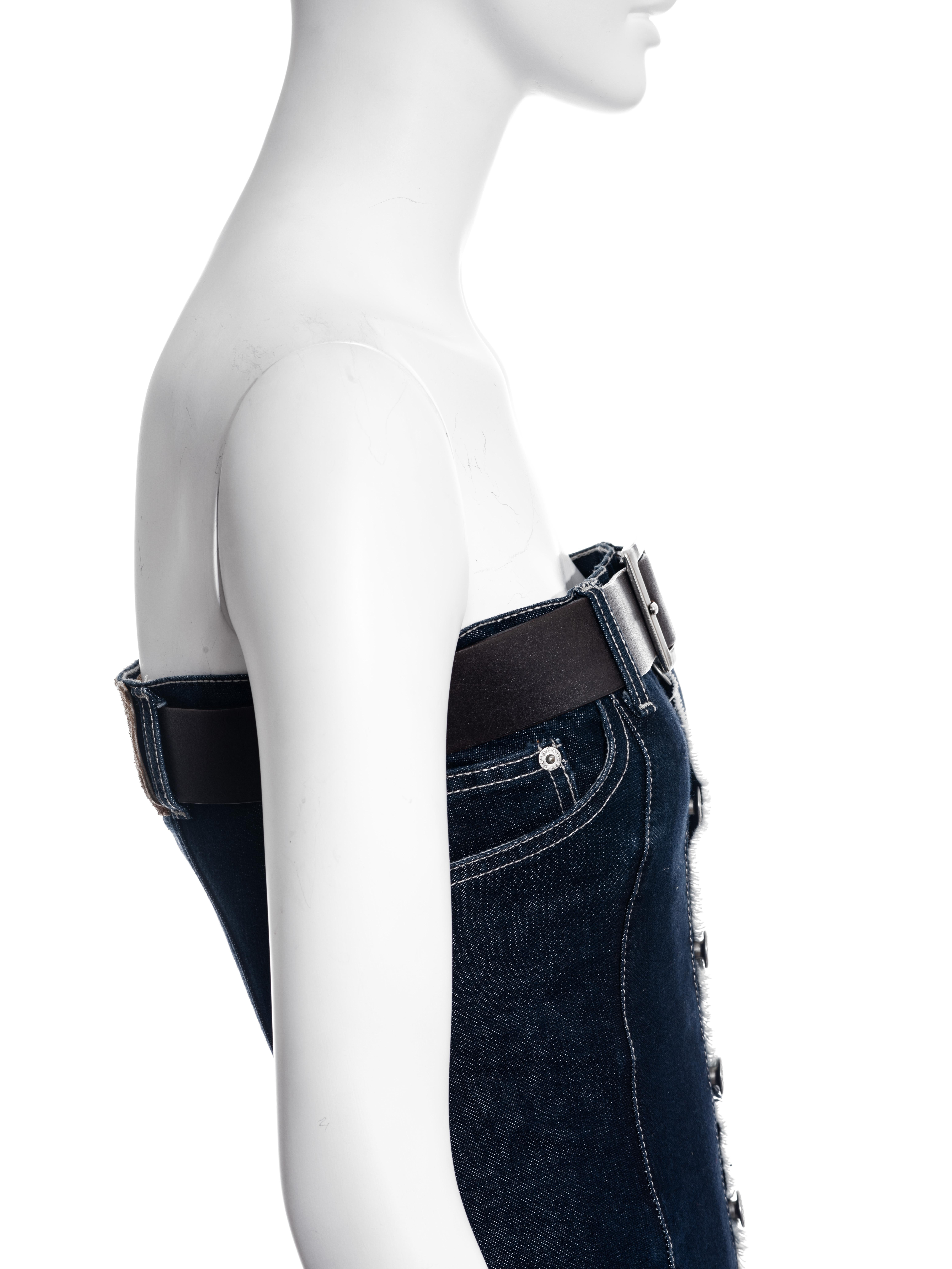 Alexander McQueen indigo denim corseted jumpsuit and leather belt, fw 1996 In Good Condition For Sale In London, GB