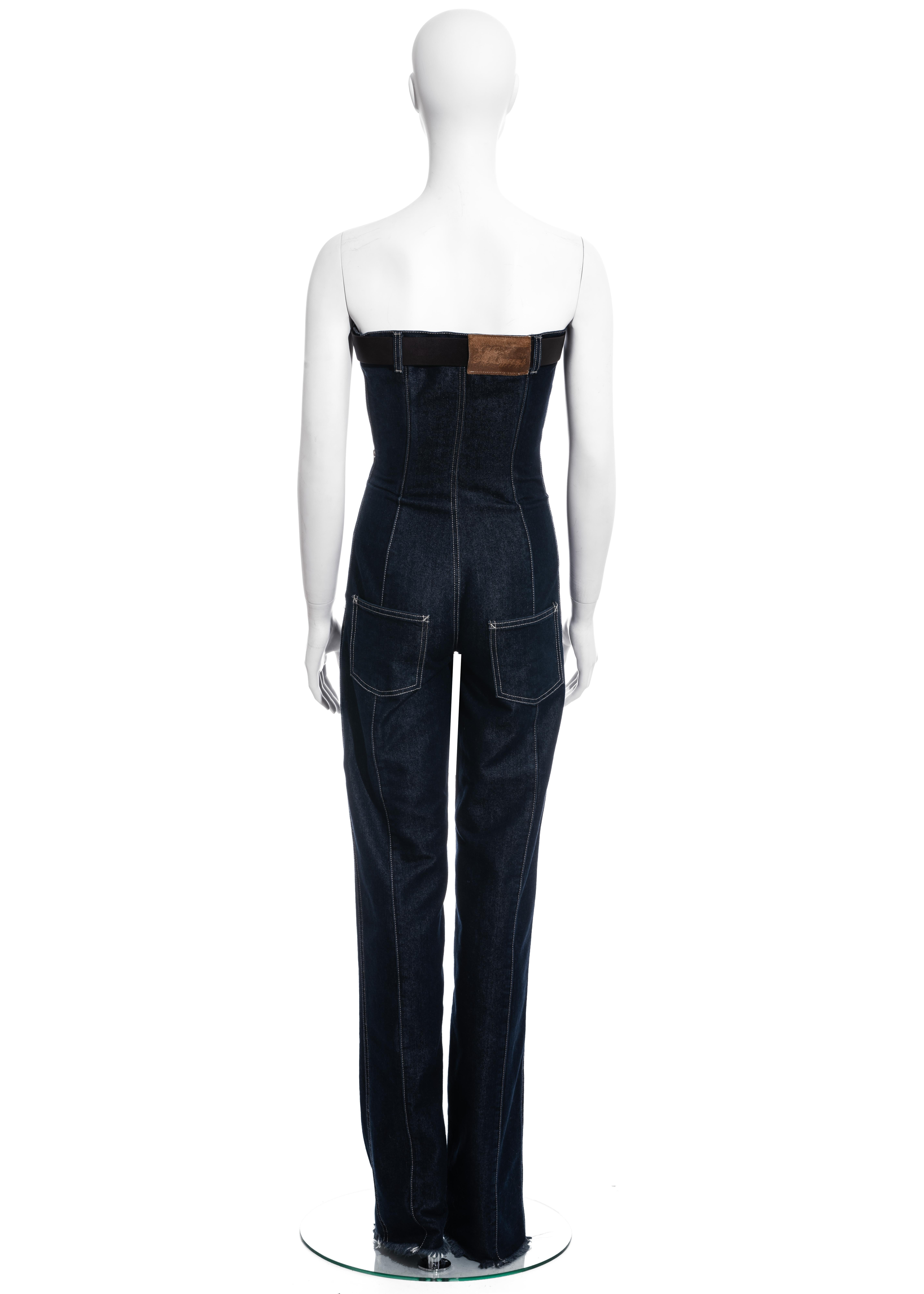 Women's Alexander McQueen indigo denim corseted jumpsuit and leather belt, fw 1996 For Sale