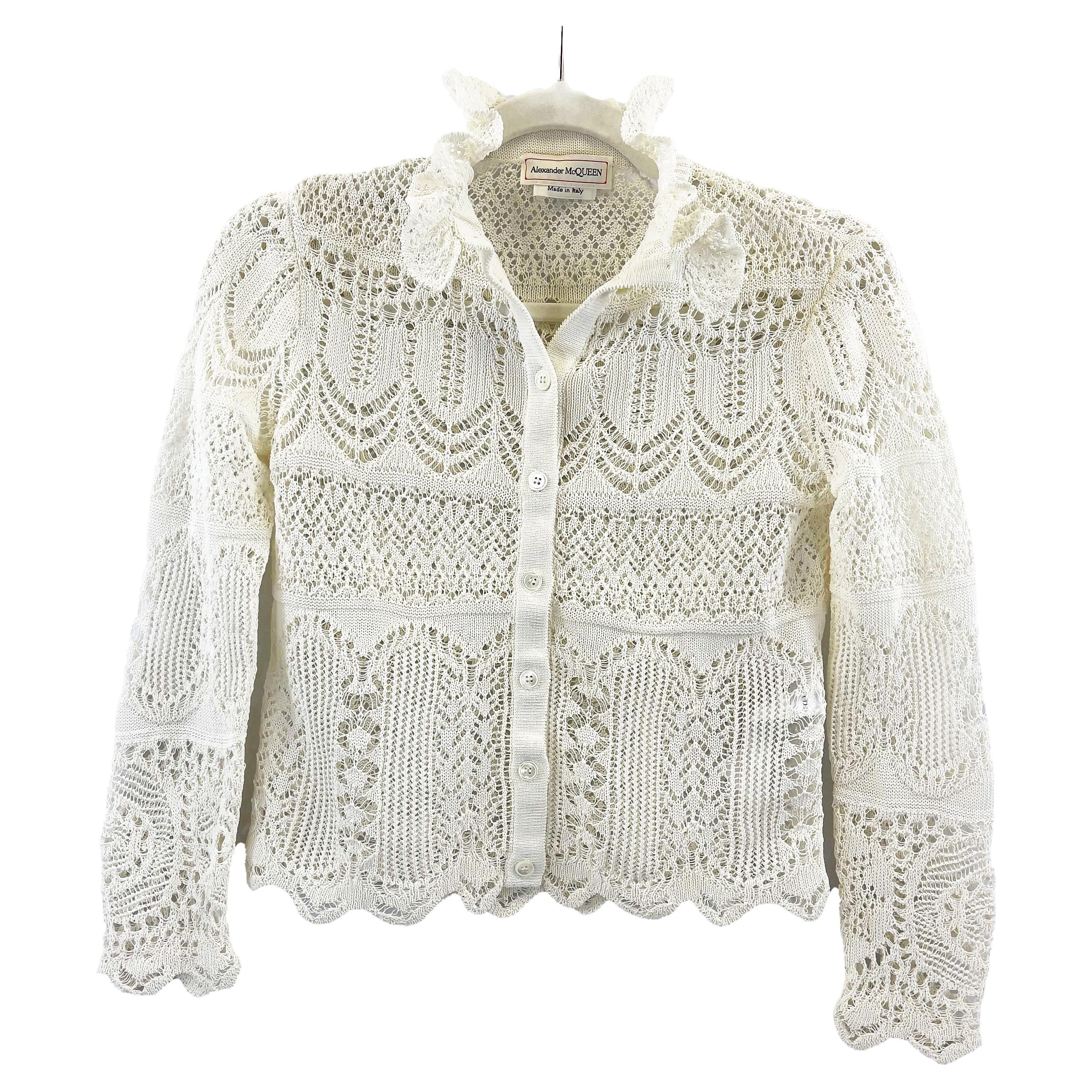 Alexander McQueen Ivory Lace Knit Pointelle Cardigan Sweater Size XS