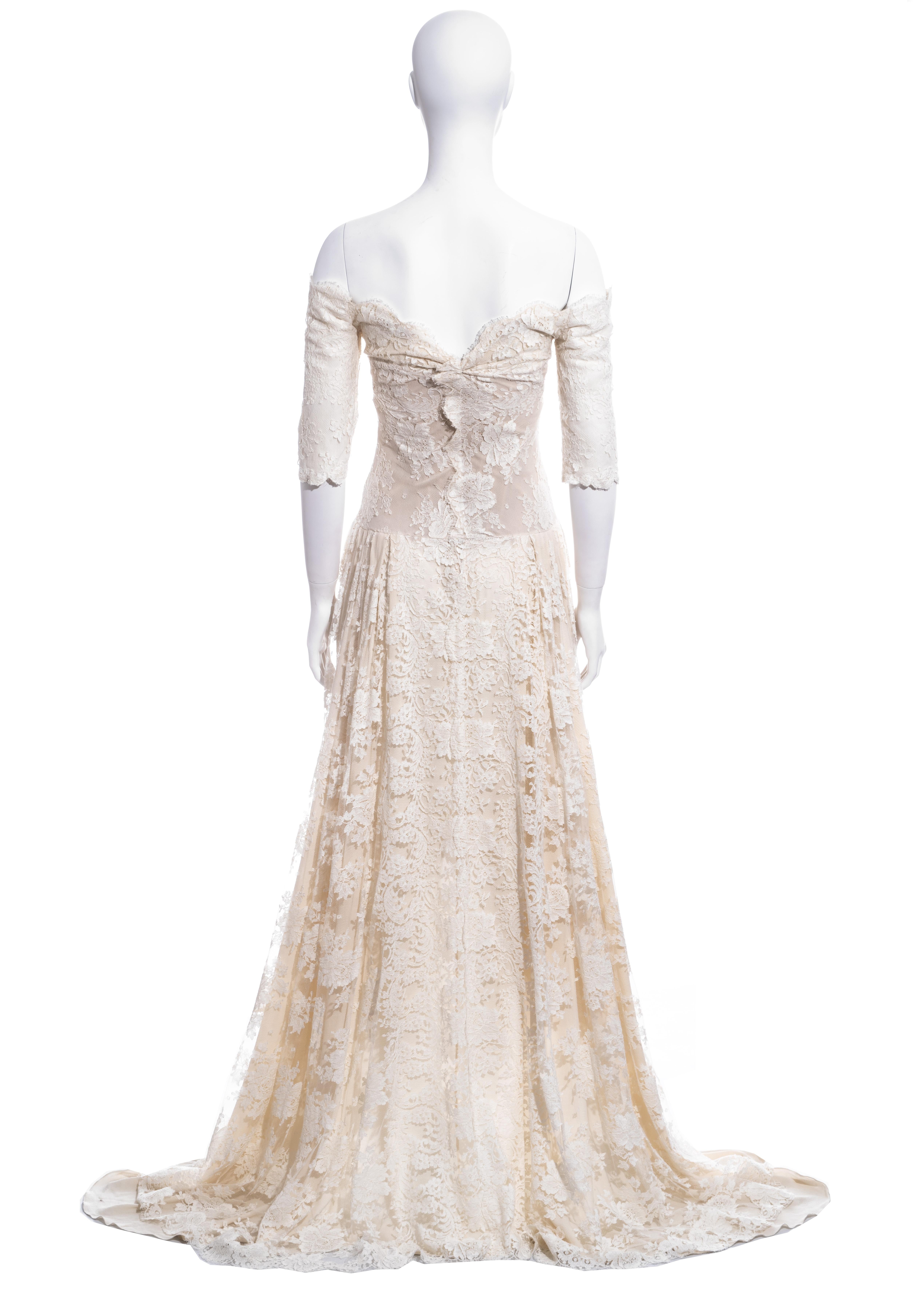 Beige Alexander McQueen ivory lace trained off-shoulder wedding dress, ss 2007