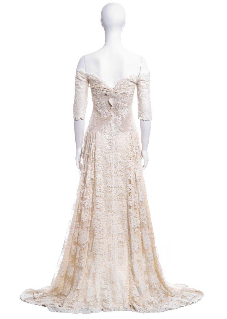 Alexander McQueen ivory lace trained off-shoulder wedding dress, ss 2007 at  1stDibs | alexander mcqueen wedding dresses, wedding dress alexander mcqueen,  alexander mcqueen lace gown