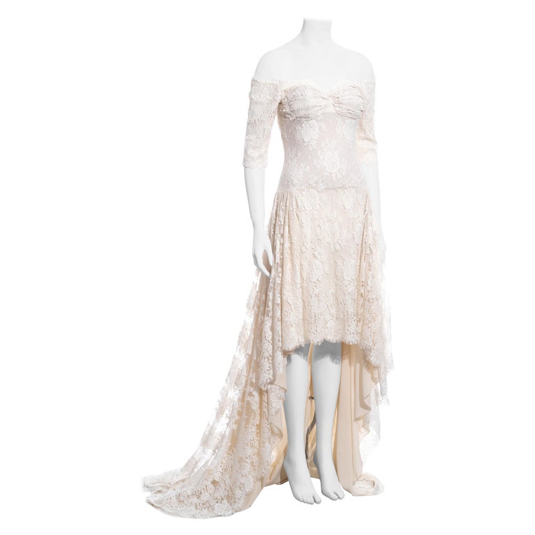 Alexander McQueen ivory lace trained off-shoulder wedding dress, ss ...