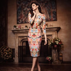 Alexander McQueen Kaleidoscope Floral Slash-Sleeve Bodycon Dress 2014 Collection