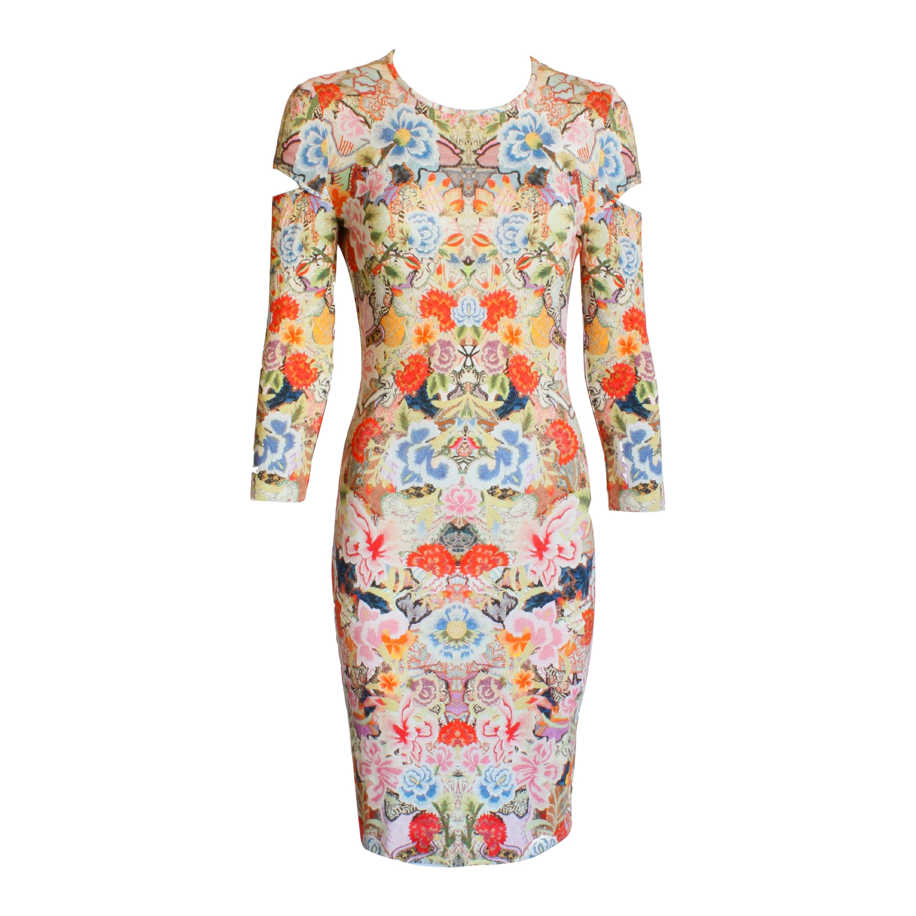 Alexander McQueen Kaleidoscope Floral Slash-Sleeve Bodycon Dress 2014 Collection