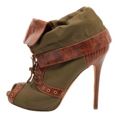 Alexander McQueen Khaki Green/Brown Canvas And Leather Peep Toe Boots Size 40