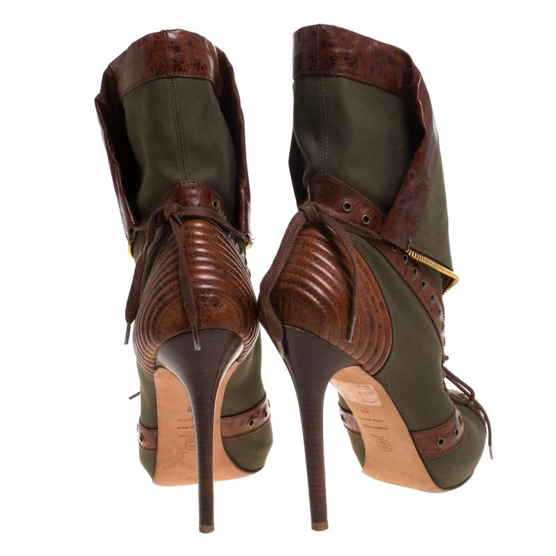 Black Alexander McQueen Khaki Green/Brown Canvas Boots Size 39