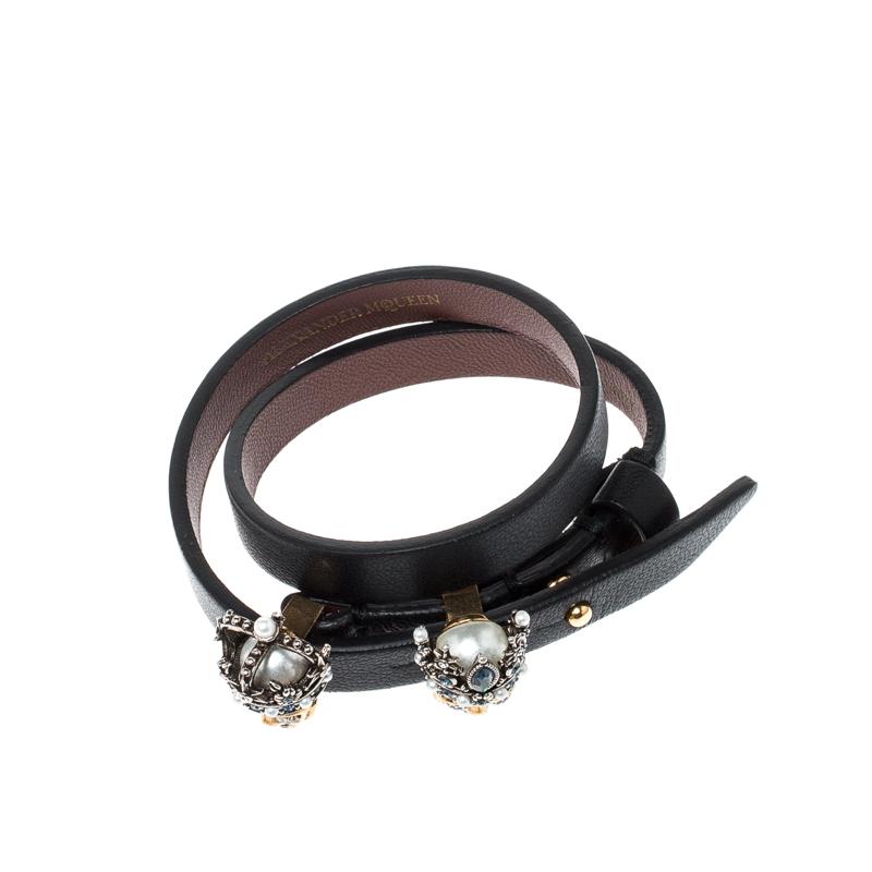 Contemporary Alexander McQueen King Queen Skull Embellished Black Leather  Wrap Bracelet