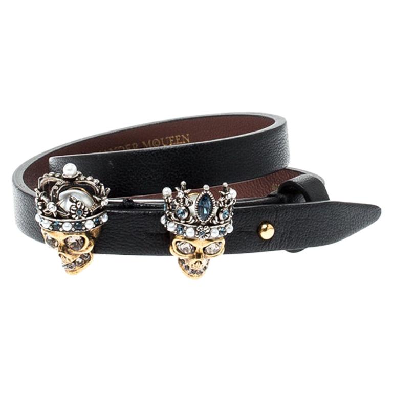 Alexander McQueen King Queen Skull Embellished Black Leather  Wrap Bracelet