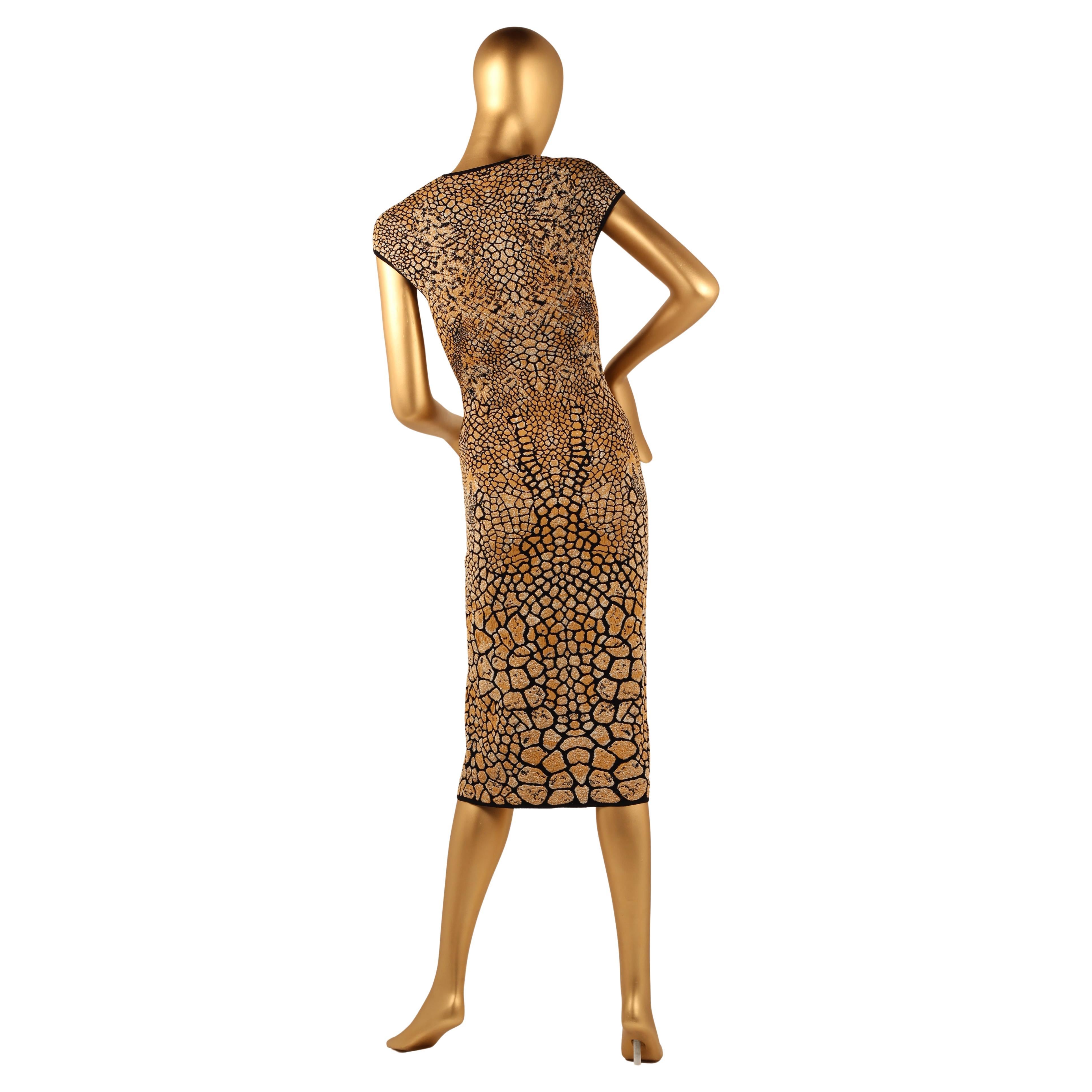 Black Alexander McQueen Knit Dress Reptile Shimmer Print Bodycon Cap Sleeve Midi Dress For Sale