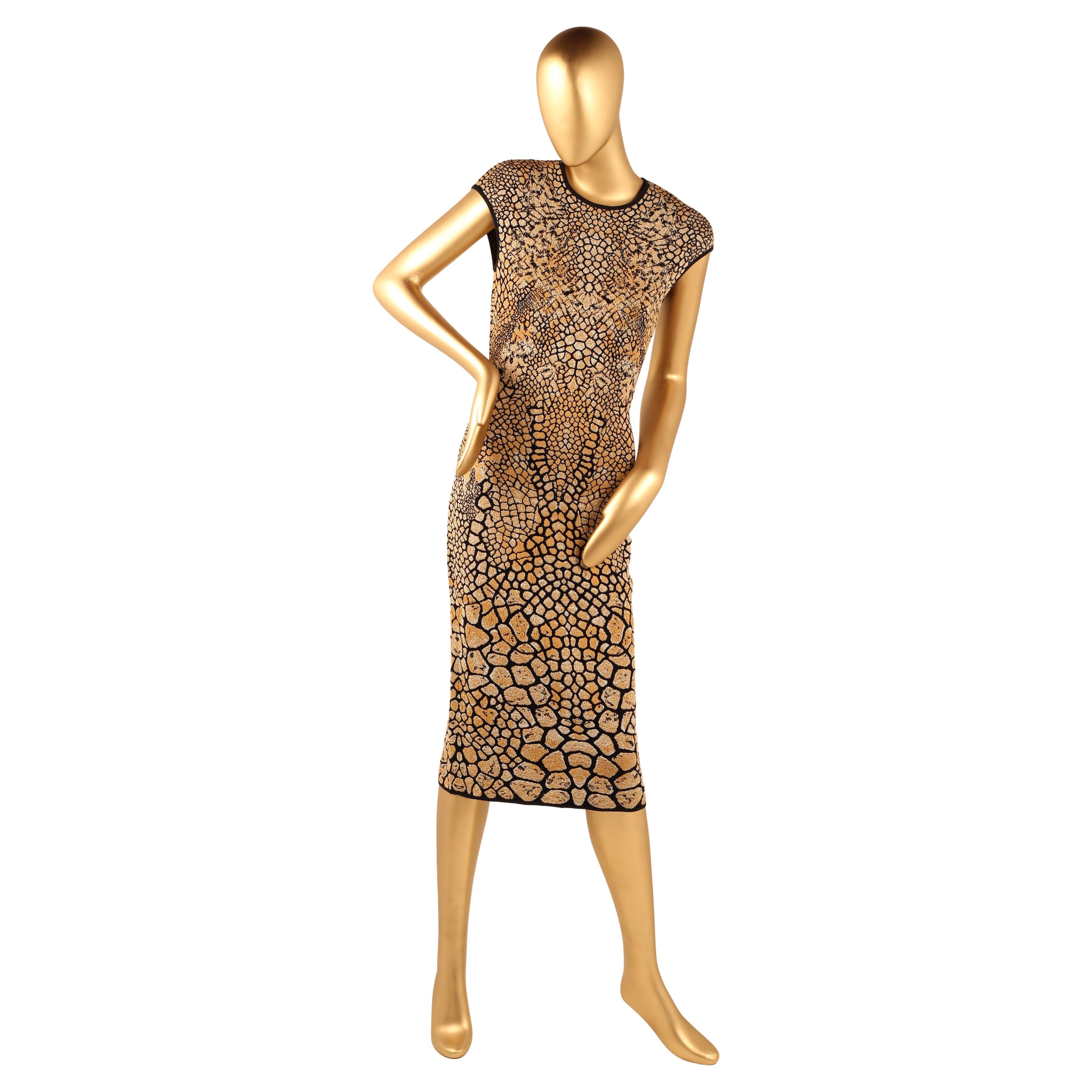 Alexander McQueen Knit Dress Reptile Shimmer Print Bodycon Cap Sleeve Midi Dress In Good Condition For Sale In London, GB