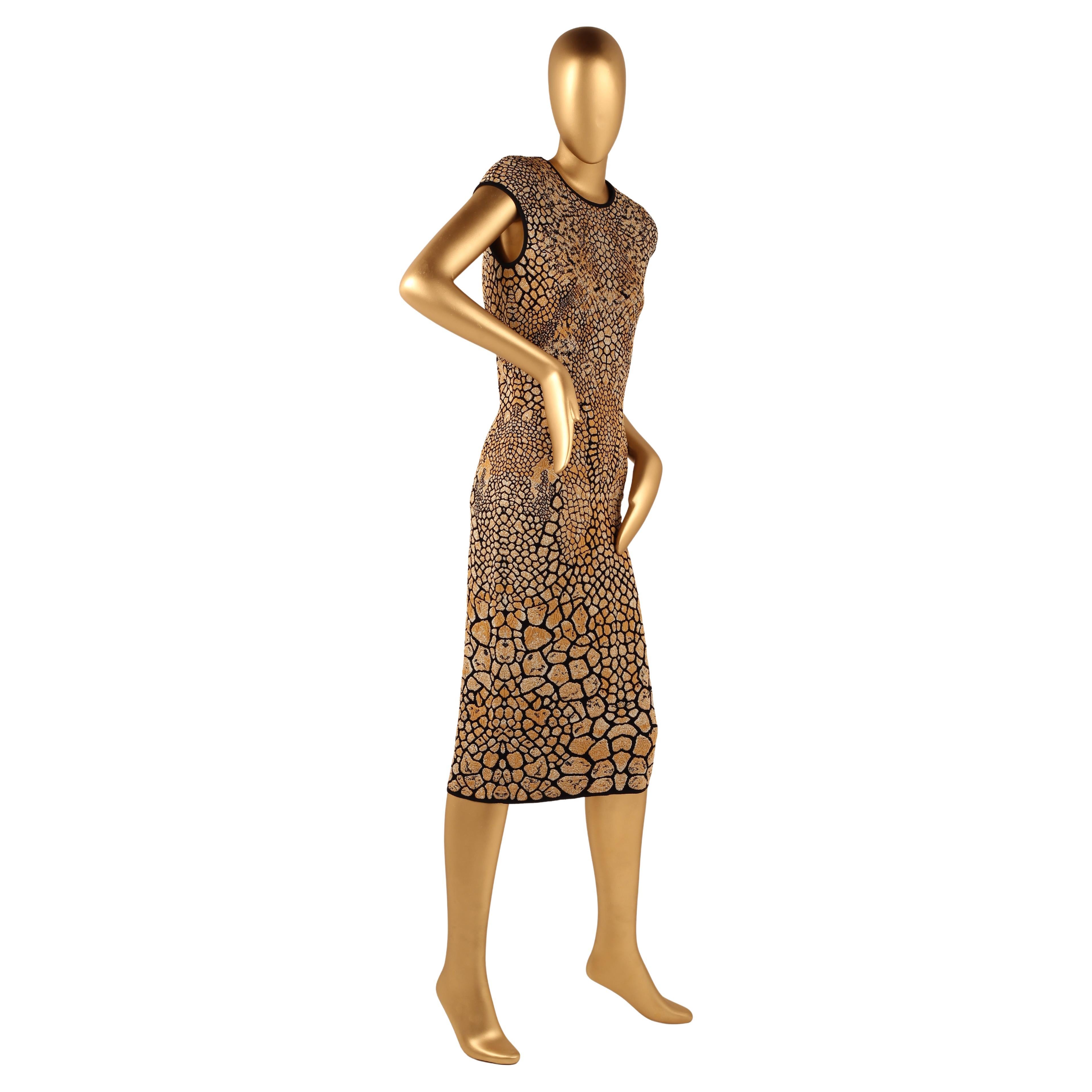 Alexander McQueen Knit Dress Reptile Shimmer Print Bodycon Cap Sleeve Midi Dress For Sale 3