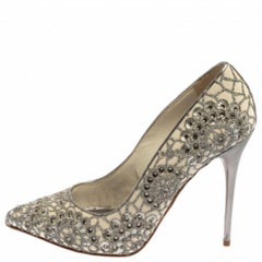 Alexander McQueen Lace And Leather Crystal Embellish Pointed Toe Pumps Size 39.5