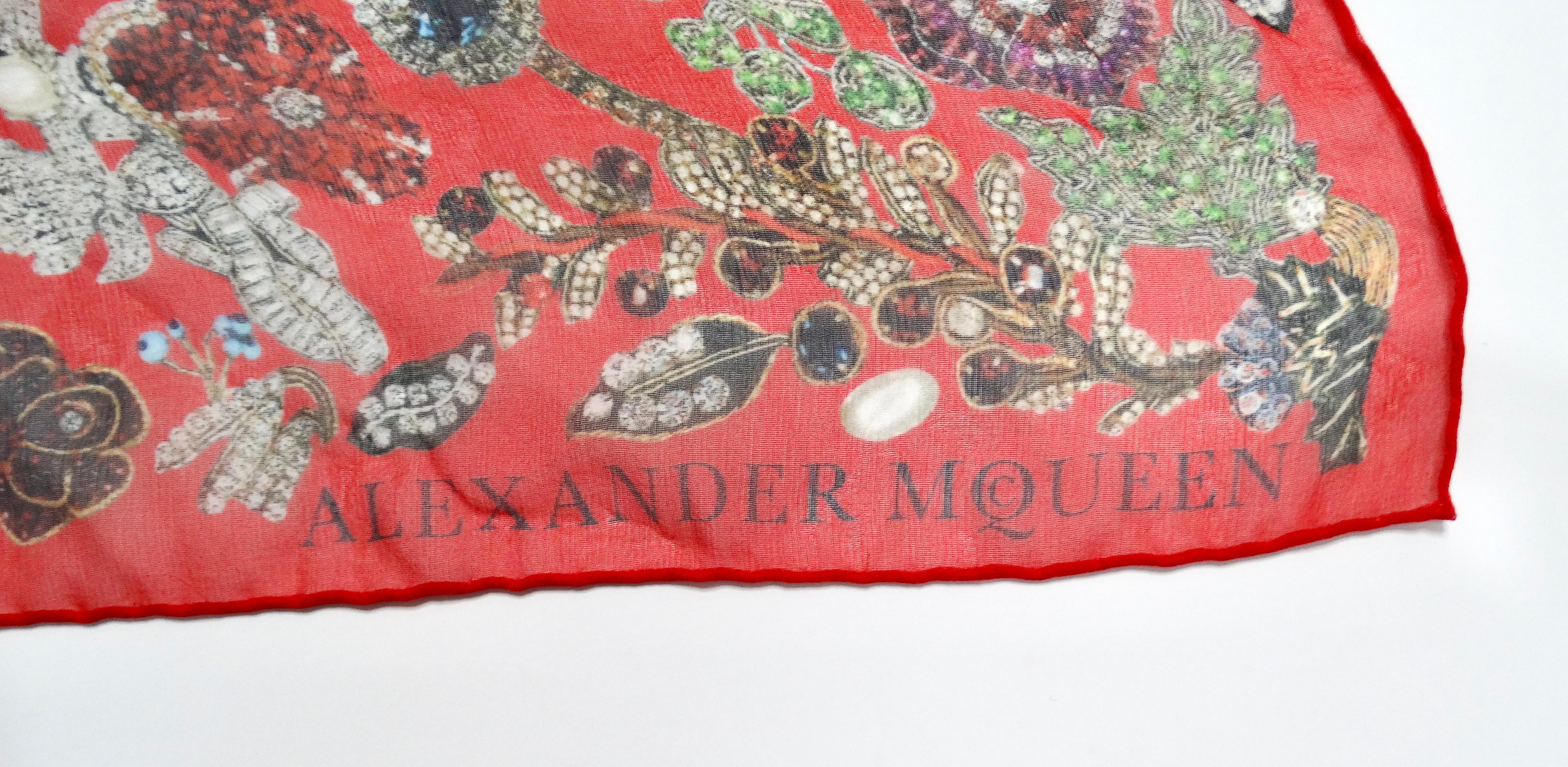 Women's Alexander McQueen Large Floral Jewel Print Coral Silk Scarf For Sale