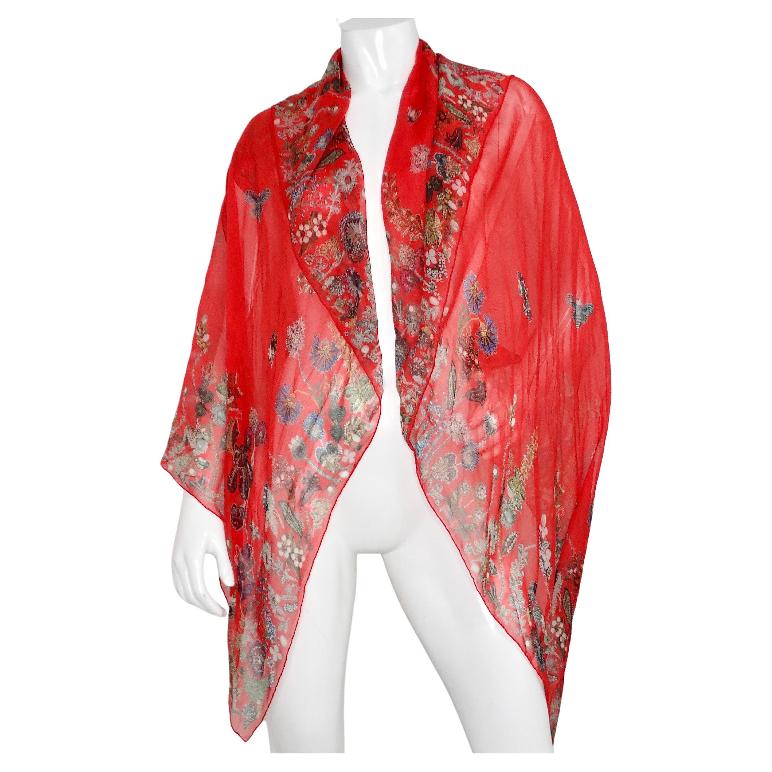 Alexander McQueen Large Floral Jewel Print Coral Silk Scarf