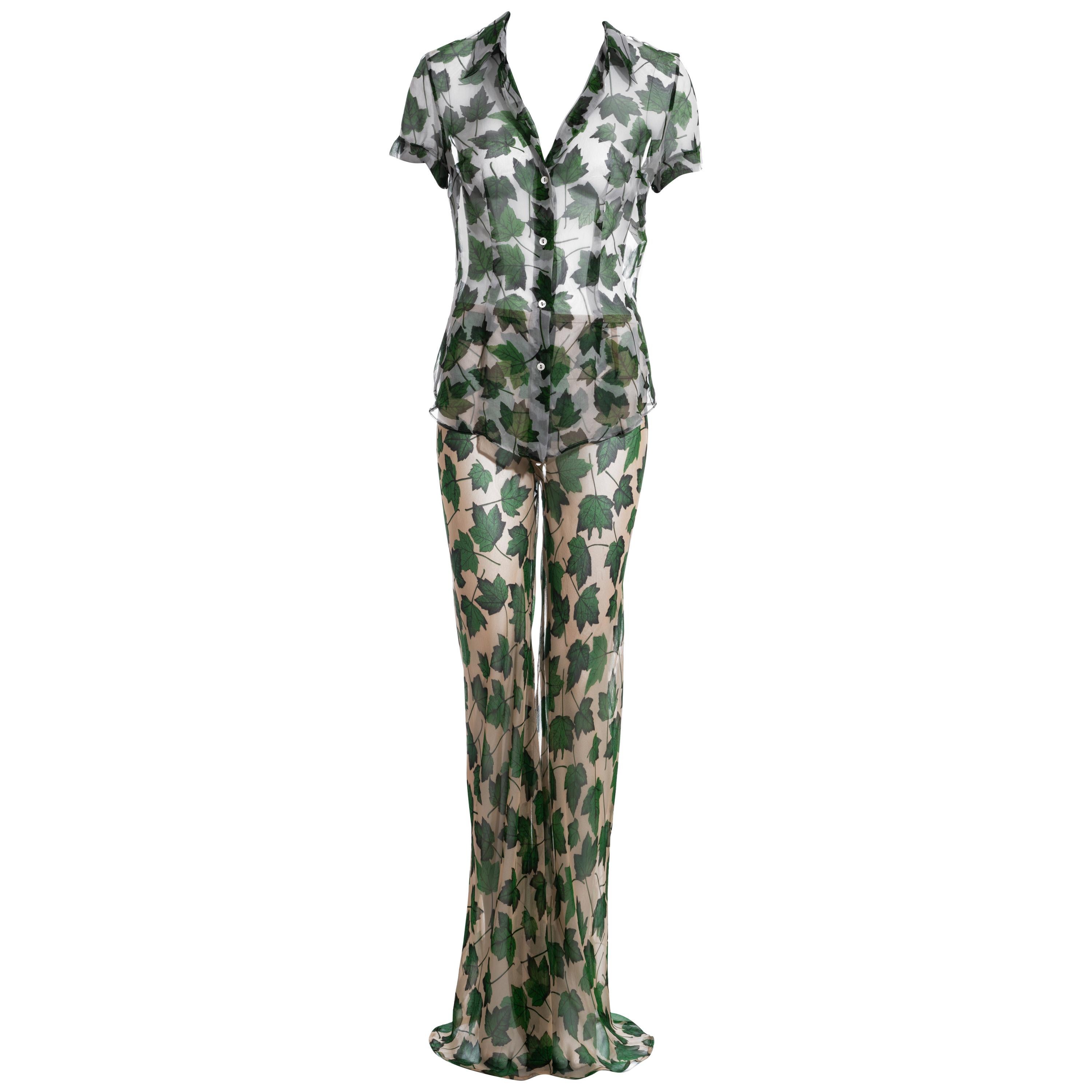 Dolce & Gabbana leaf print silk chiffon blouse and pants set, ss 1997 For Sale