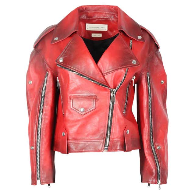 Alexander McQueen Pink Cropped Leather Biker Jacket For Sale at 1stDibs