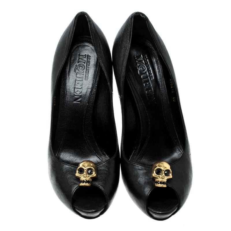 Black Alexander McQueen Leather Crystal Embellished Skull Detail Peep Toe Platform