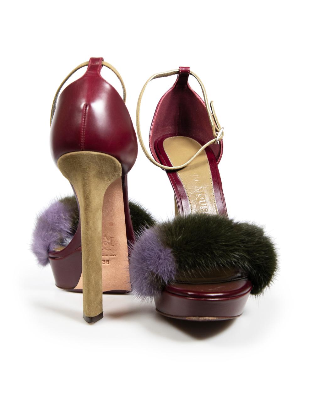 Black Alexander McQueen Leather Fur Trim Heeled Sandals Size IT 38 For Sale