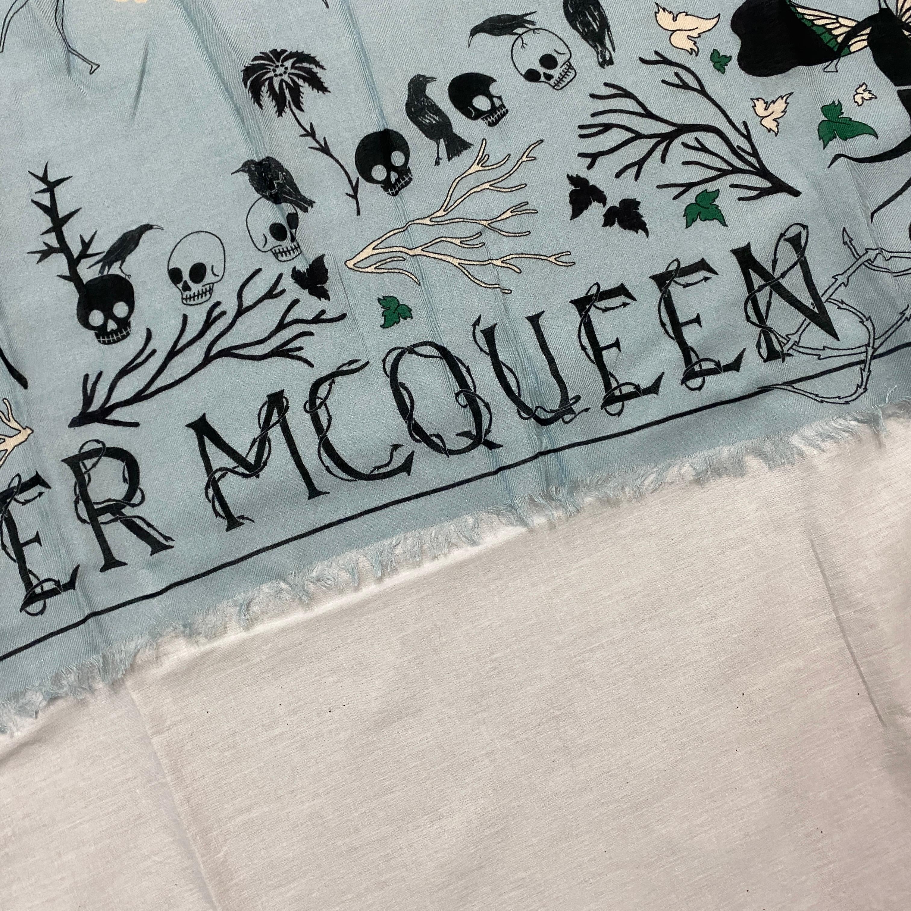 Gray A Never Worn Alexander McQueen Light Blue Silk Skulls Scarf 