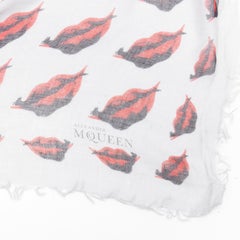 ALEXANDER MCQUEEN light grey red lip frayed modal cashmere scarf