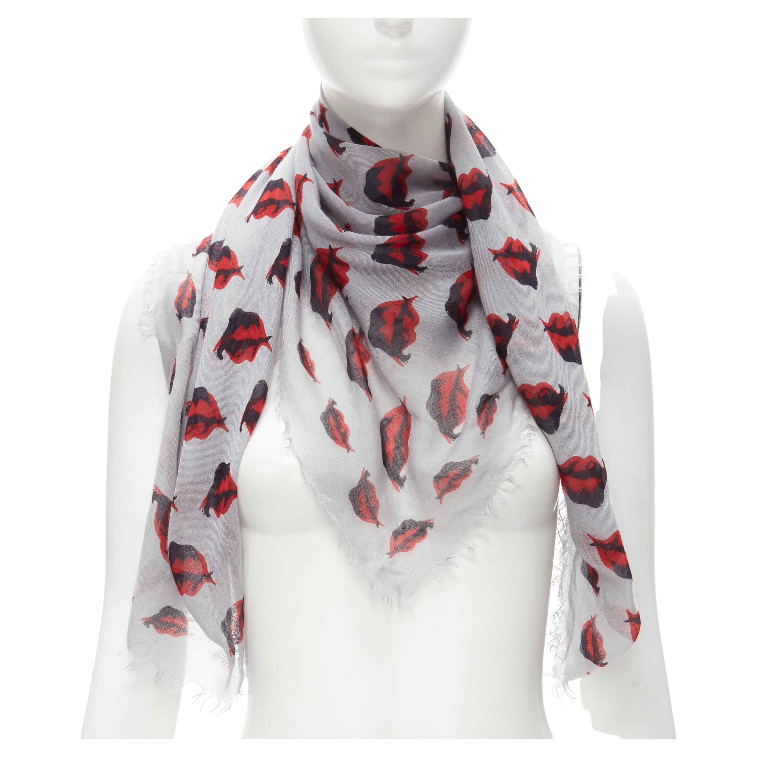 ALEXANDER MCQUEEN light grey red lip frayed modal cashmere scarf