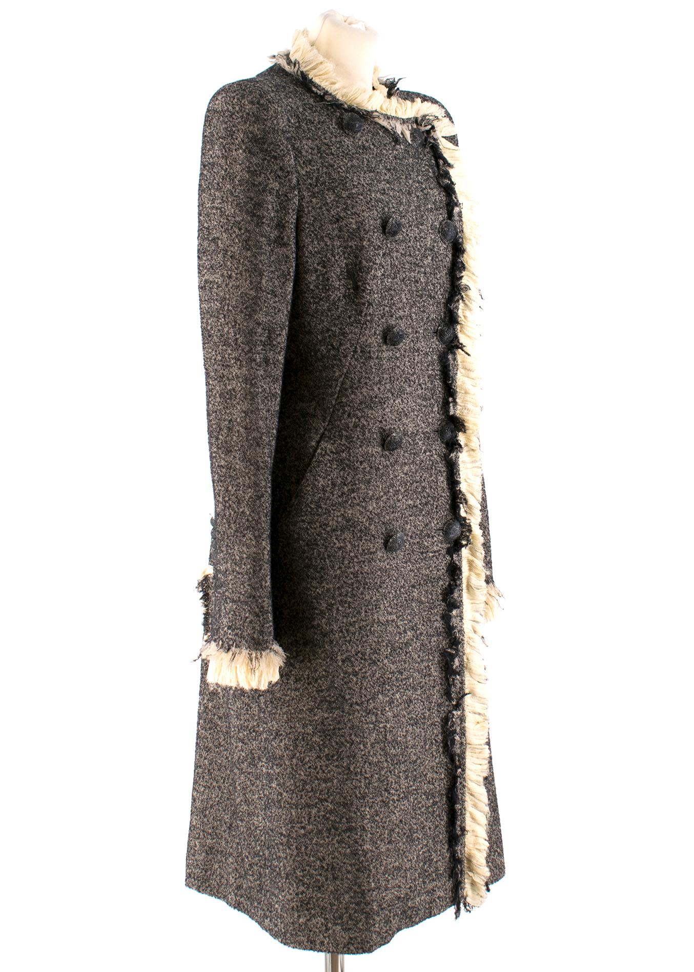 Alexander McQueen Long Wool-blend Tweed Coat

- Black, mid-weight tweed coat
- Ivory ruffle-trimmed chiffon neckline, placket and cuffs
- Centre-front black-tone button fastening
- Padded shoulders
- Slanted slip pockets

Please note, these items