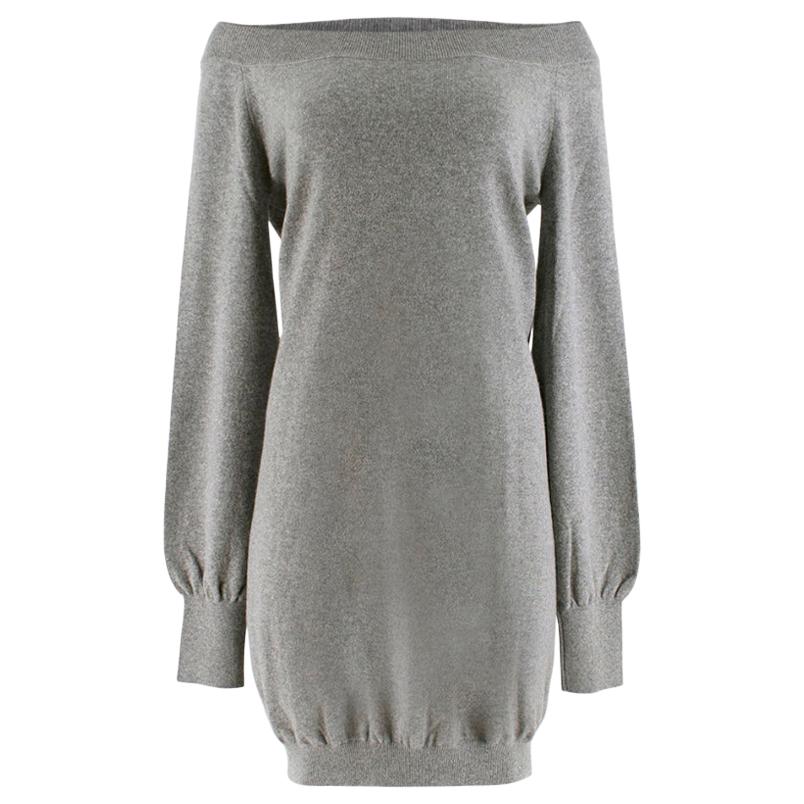 Alexander McQueen Longline Grey Cashmere Off- Shoulder Dress - Size L For Sale