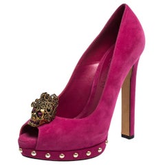 Alexander McQueen Magenta Suede Skull Embellished Peep Toe Pumps Size 36.5