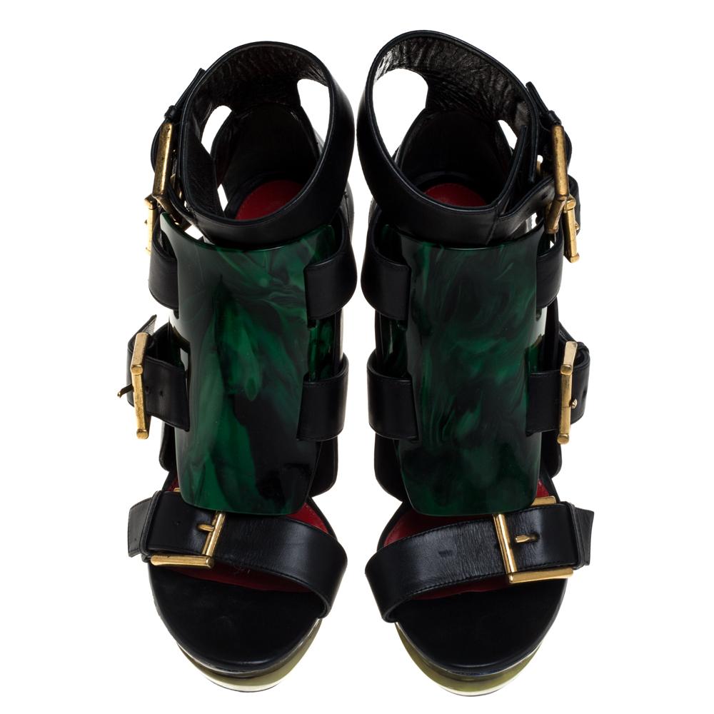 Black Alexander McQueen Marble Flexi and Large Buckle Detail Platform Sandals Size 37