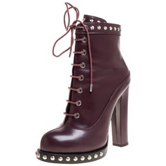 Alexander McQueen Maroon Leather Hobnail Platform Ankle Booties Size 37