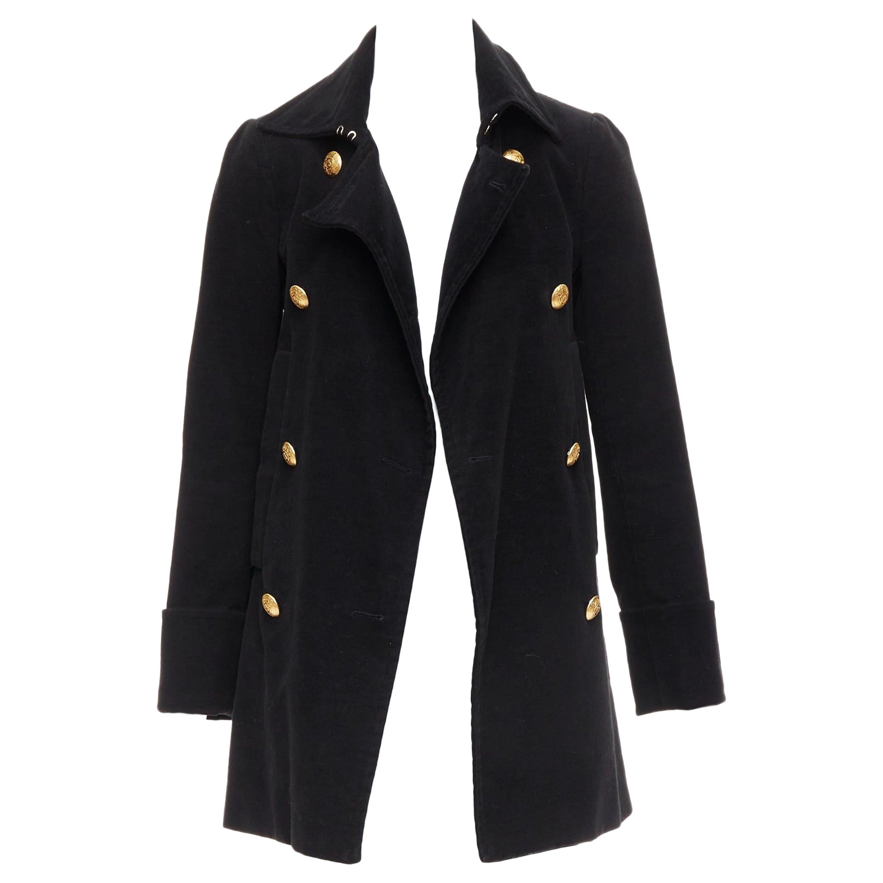 McQ Alexander McQueen cappotto doppio petto in cotone nero con bottoni dorati IT36 XXS