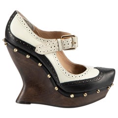 Alexander McQueen McQ Black & White Leather Wooden Wedge Heels Size IT 36