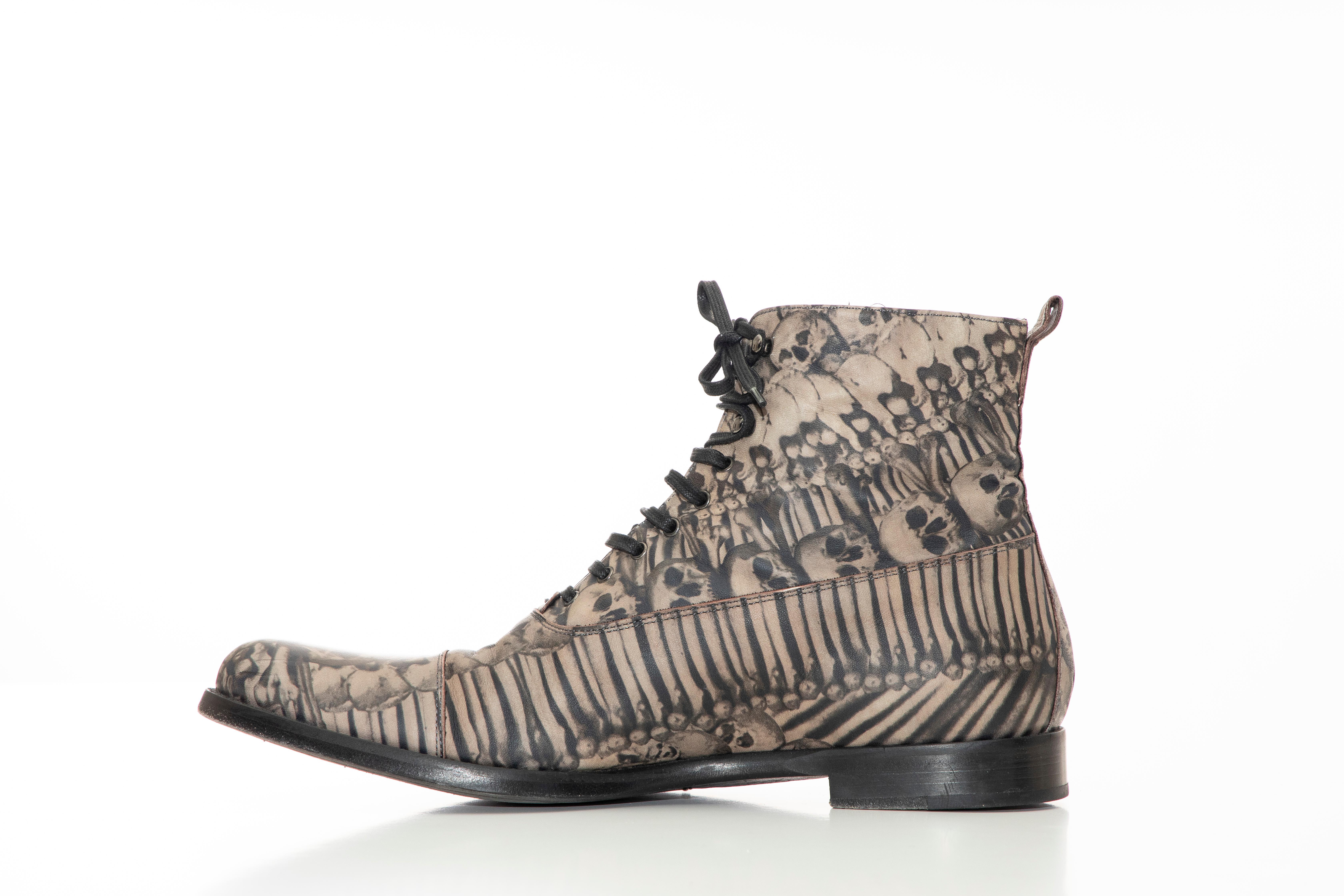 Gray Alexander McQueen Men's Skull & Bones Printed Leather Boots, Fall 2010