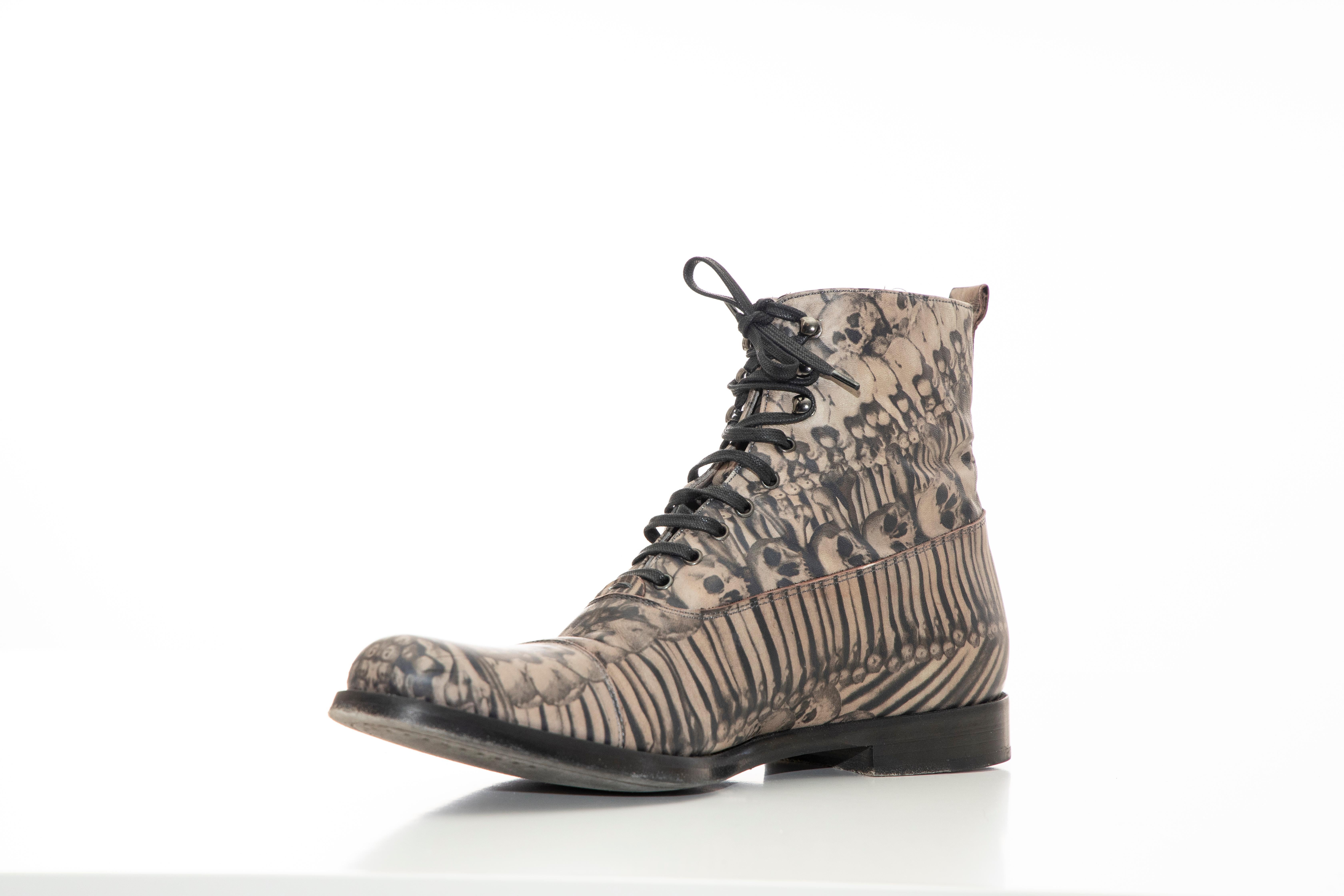 Alexander McQueen Men's Skull & Bones Printed Leather Boots, Fall 2010 In Good Condition In Cincinnati, OH