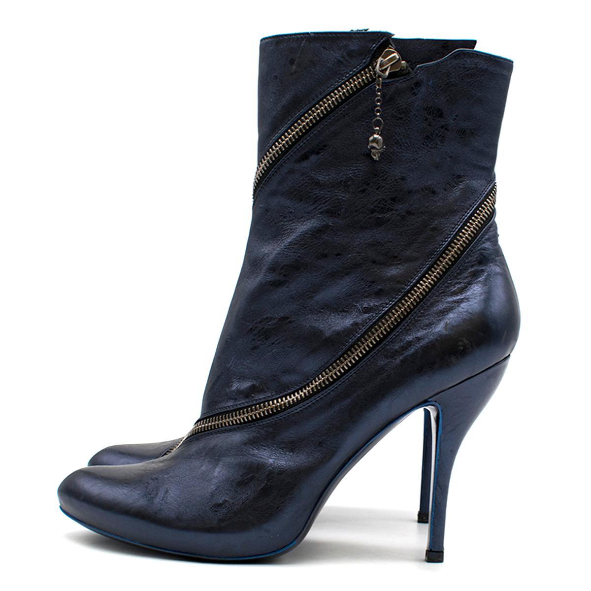Alexander McQueen Metallic Blue Heeled Ankle Boots Size 39 In Good Condition In London, GB