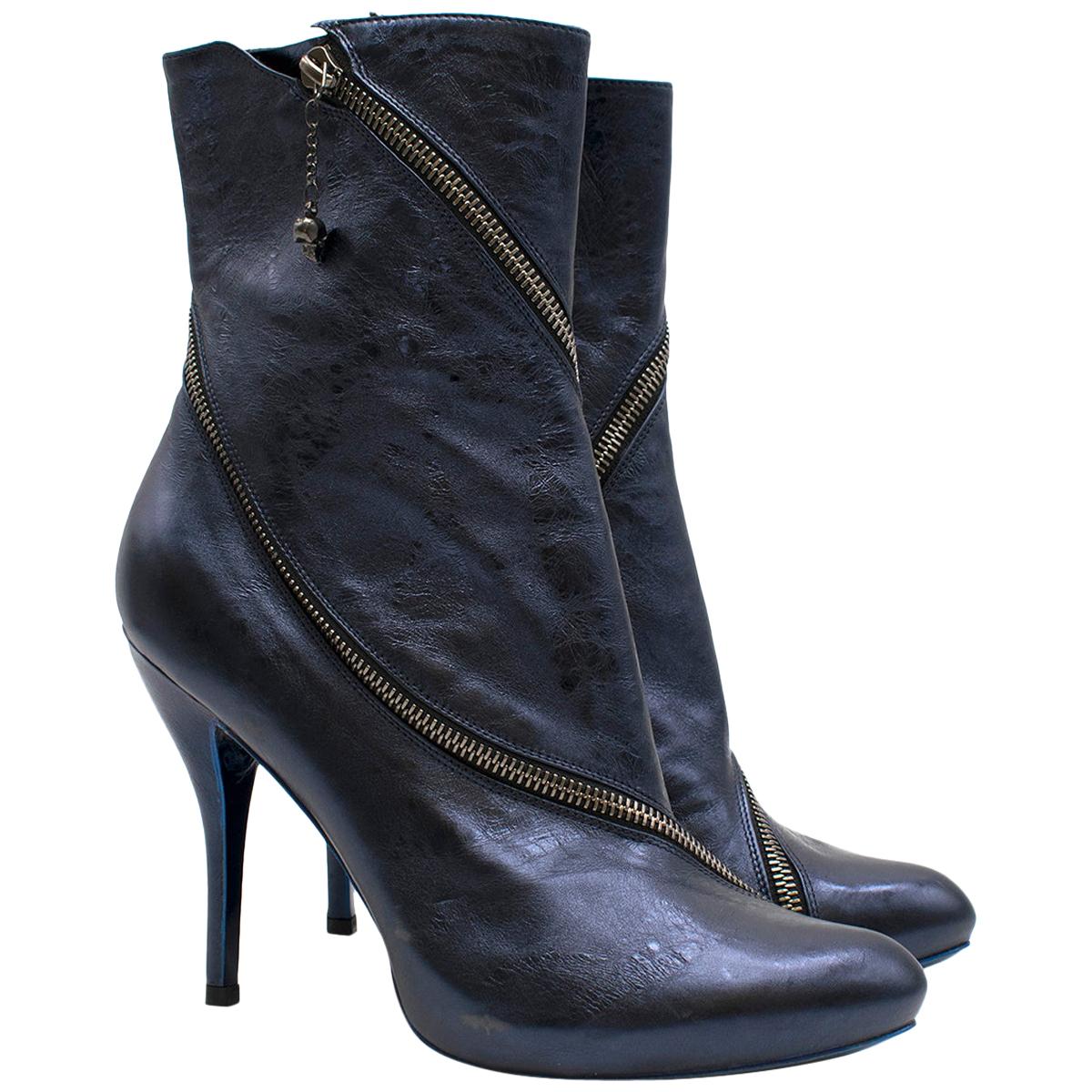 Alexander McQueen Metallic Blue Heeled Ankle Boots Size 39