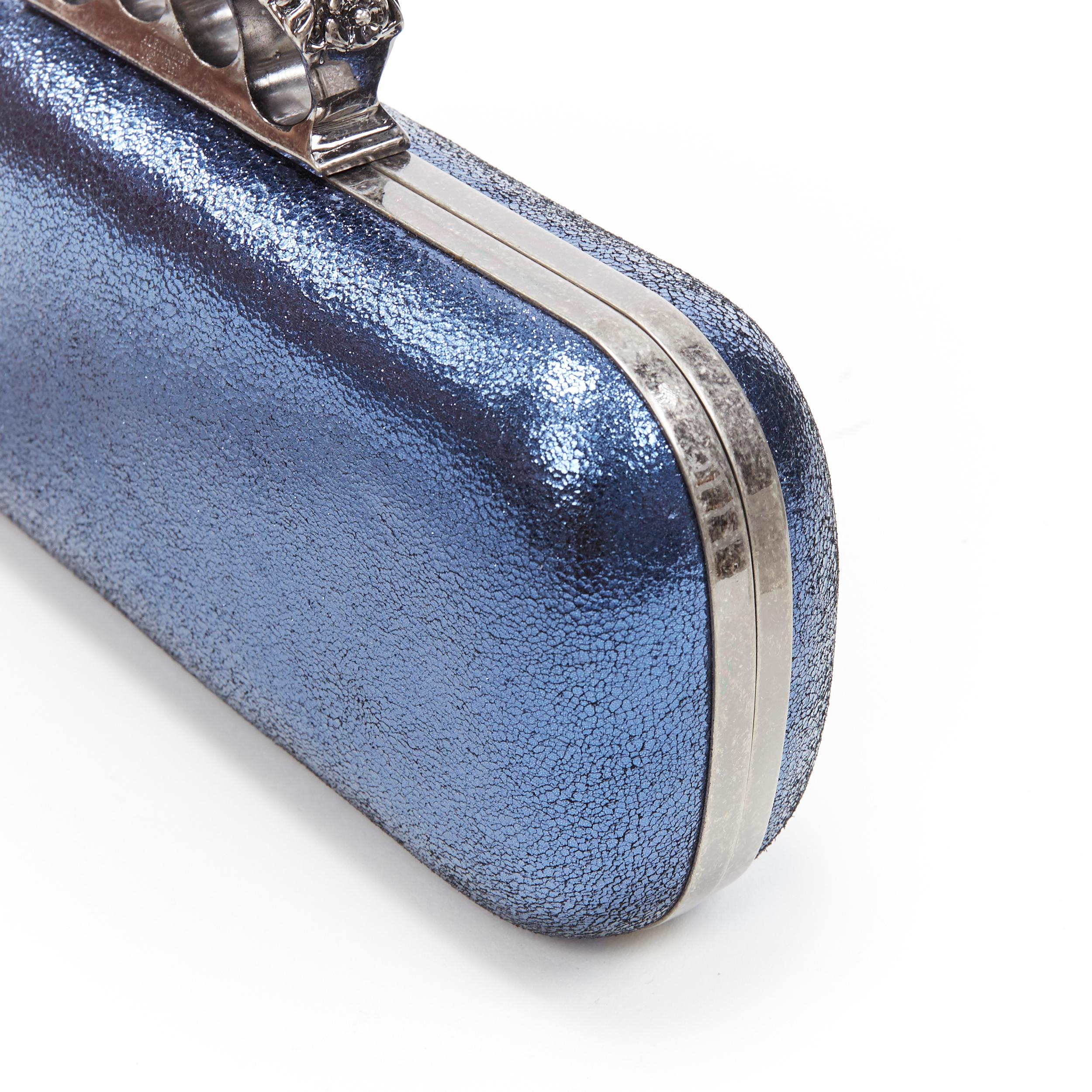 ALEXANDER MCQUEEN metallic blue leather 4-ring skull knuckleduster box clutch 4
