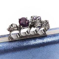 ALEXANDER MCQUEEN metallic blue leather 4-ring skull knuckleduster box clutch