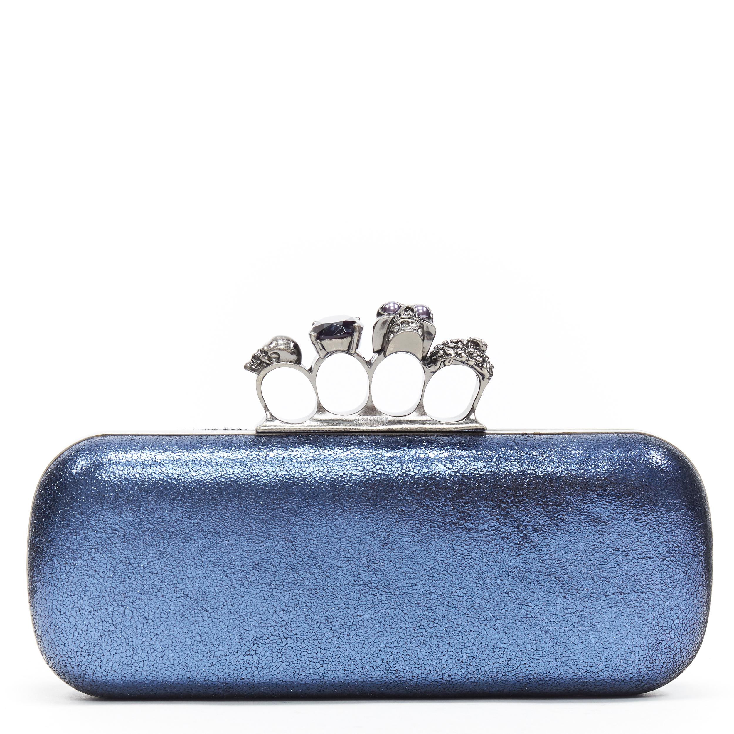 ALEXANDER MCQUEEN metallic blue leather 4-ring skull knuckleduster box clutch In Excellent Condition In Hong Kong, NT